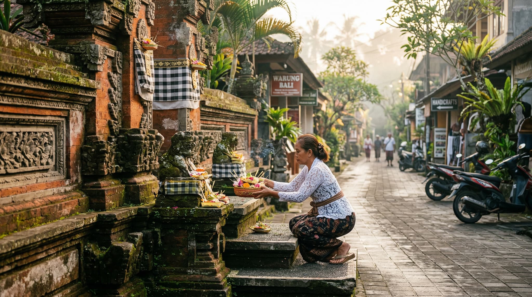 A street-level view of central Ubud, Bali at dawn or early morning — traditional Balinese architecture, stone temple walls or palace gates, soft warm light, a few locals or offerings visible on the ground, conveying the layered sacred-and-touristic tension the article opens with