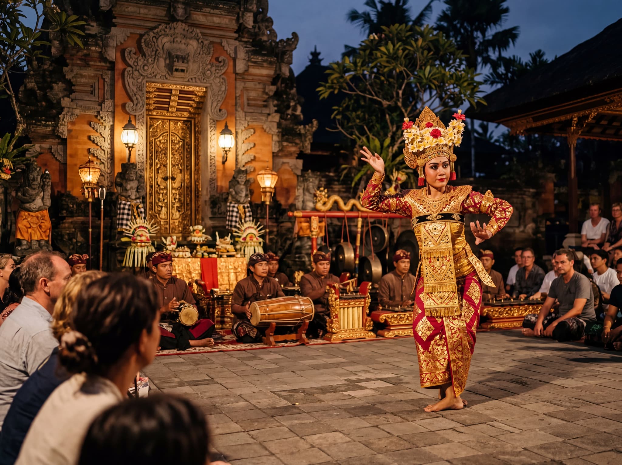 A Balinese dance performance at Ubud Royal Palace — performers in elaborate gold and red traditional costume under open-air courtyard lighting, gamelan musicians visible in background, representing the living cultural traditions the article describes as genuine rather than manufactured