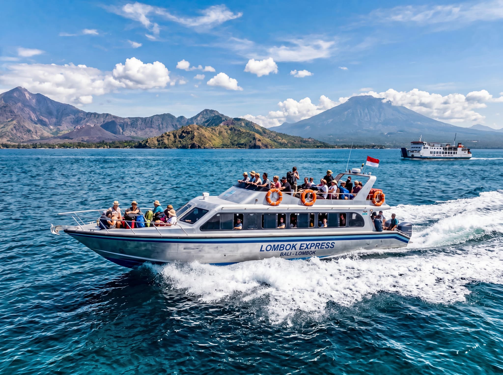 A fast boat or speedboat crossing open water between Lombok and Bali, capturing the ferry and boat travel section — the practical, scenic alternative to flying that the article describes for island-hoppers moving through Indonesia.