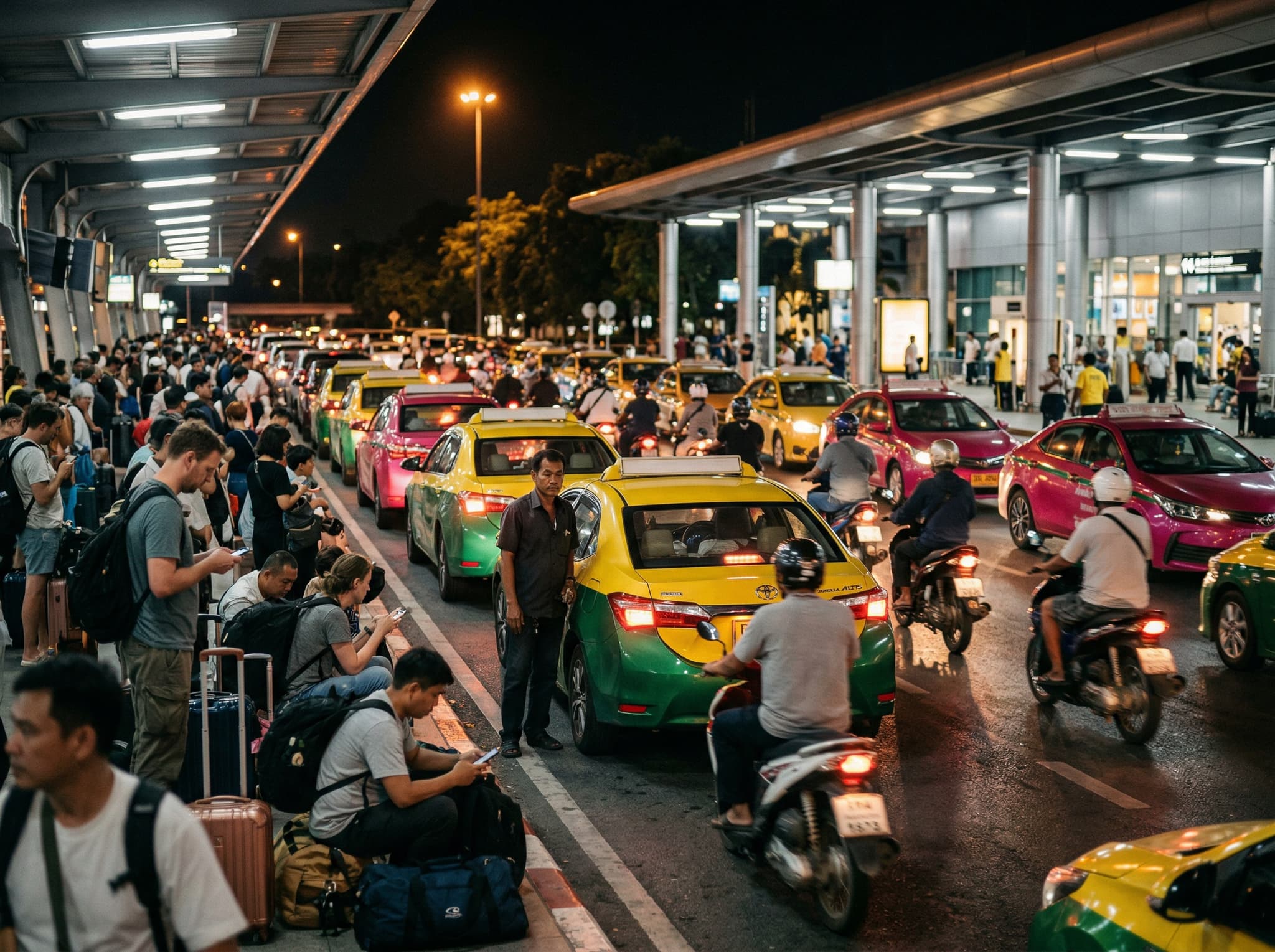 Street-level scene outside Bali's airport or along a busy Seminyak or Kuta road showing taxis, ride-hail vehicles, and the traffic congestion that defines the airport transfer experience the article warns readers about — the chaos between landing and reaching your hotel.