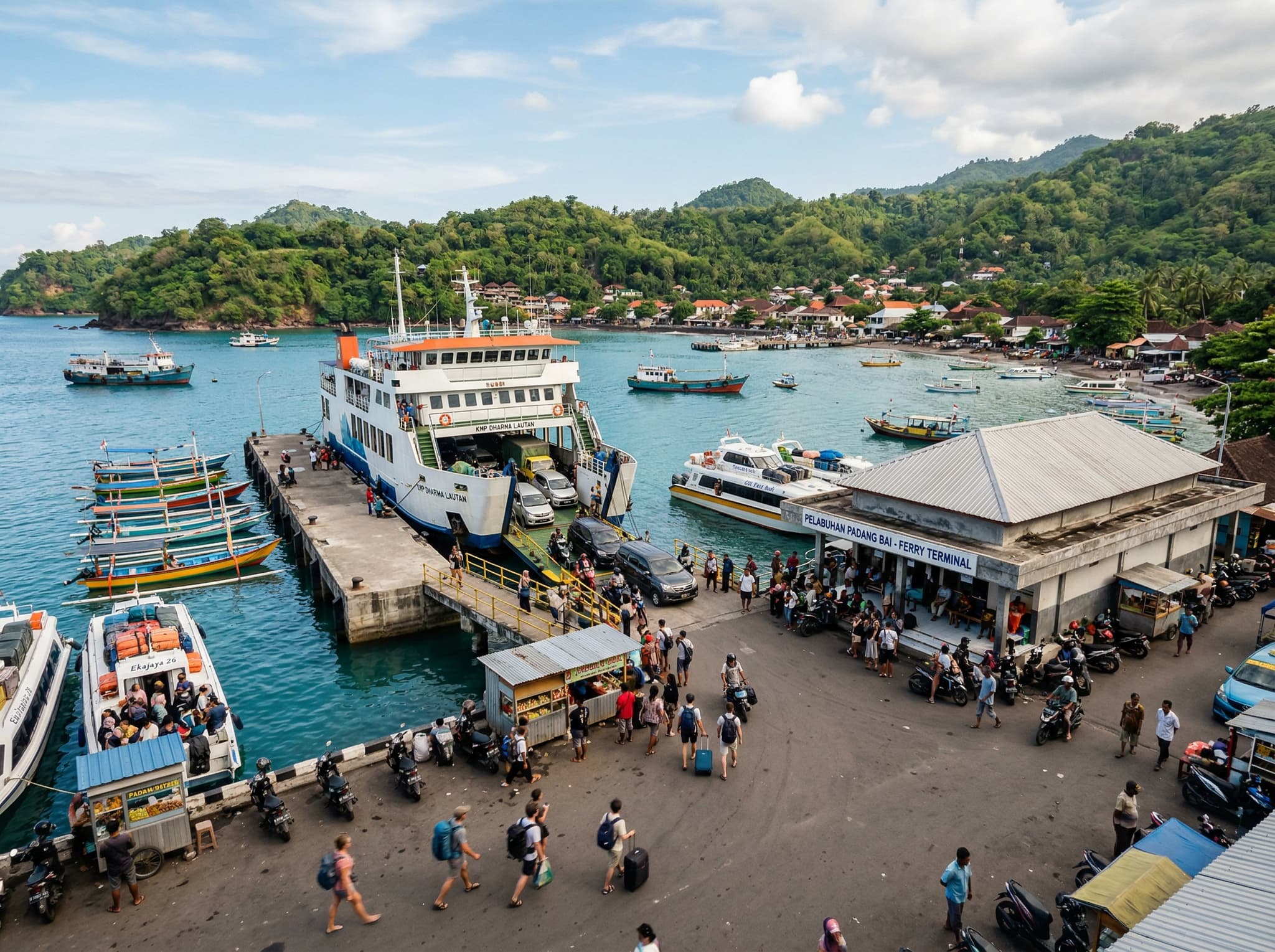 Padang Bai port on the Bali side showing the ferry terminal, boats docked, and the working port atmosphere — the main arrival point for travelers coming from Lombok and Java by sea, as described in the ferry section.