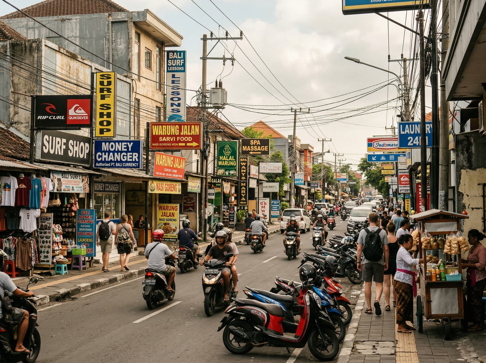 Jalan Legian street scene showing the busy main road lined with surf shops, warungs, and local businesses — conveying the honest, unpolished character of the strip described in the article's street life section