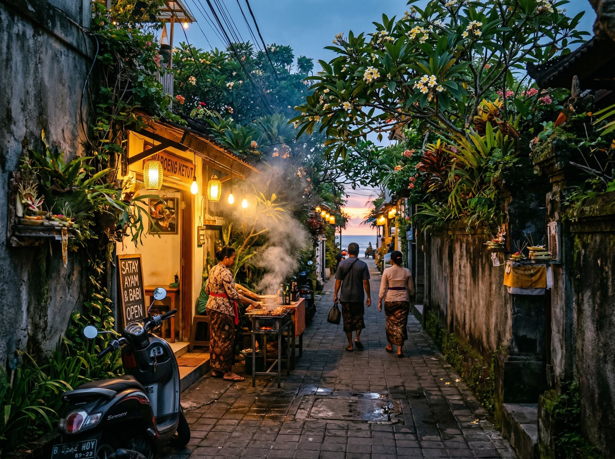A narrow gang (side lane) in Legian at dusk, with frangipani trees, a small guesthouse entrance, and the warm glow of a warung or satay grill — illustrating the article's description of the hidden side streets between Jalan Legian and the beach