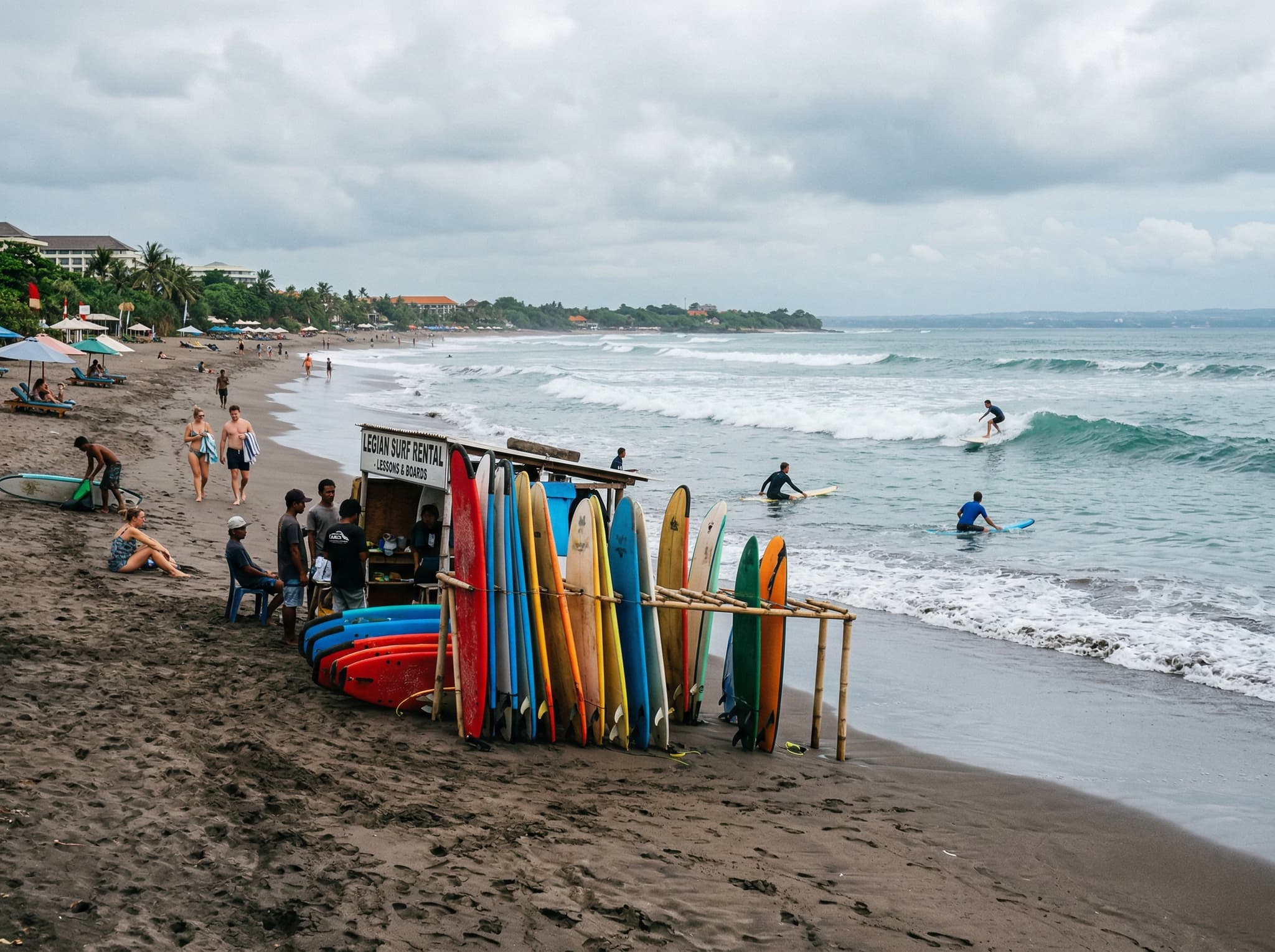 Legian Beach during the day showing surf conditions, with board rental vendors on the dark volcanic sand and intermediate surfers in the water — illustrating the beach section's description of manageable waves and accessible surf culture
