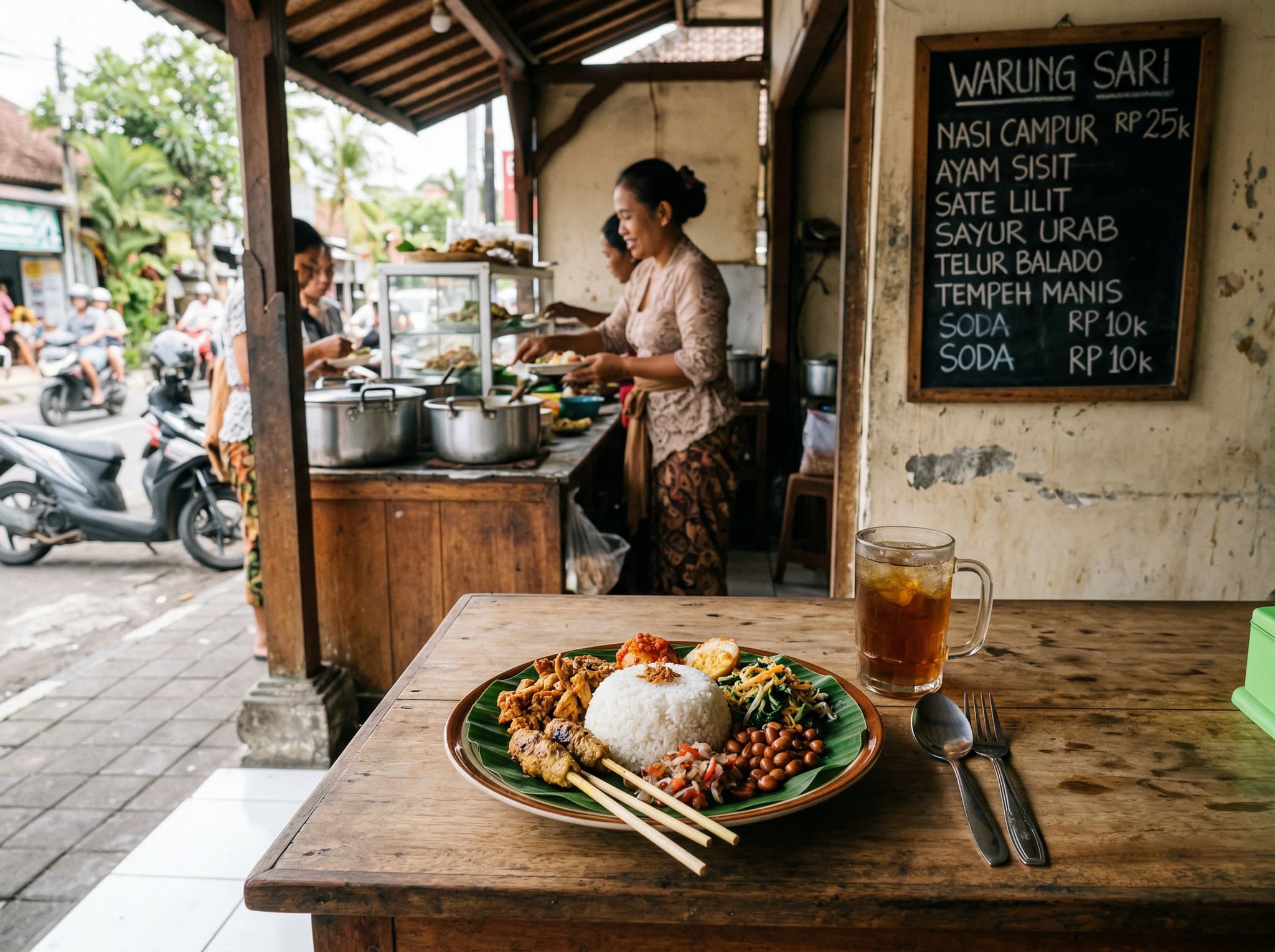 A local Balinese warung interior or street-front setting with nasi campur or nasi goreng on the table — supporting the food section's emphasis on affordable, honest Indonesian dining as the core of Legian's food scene