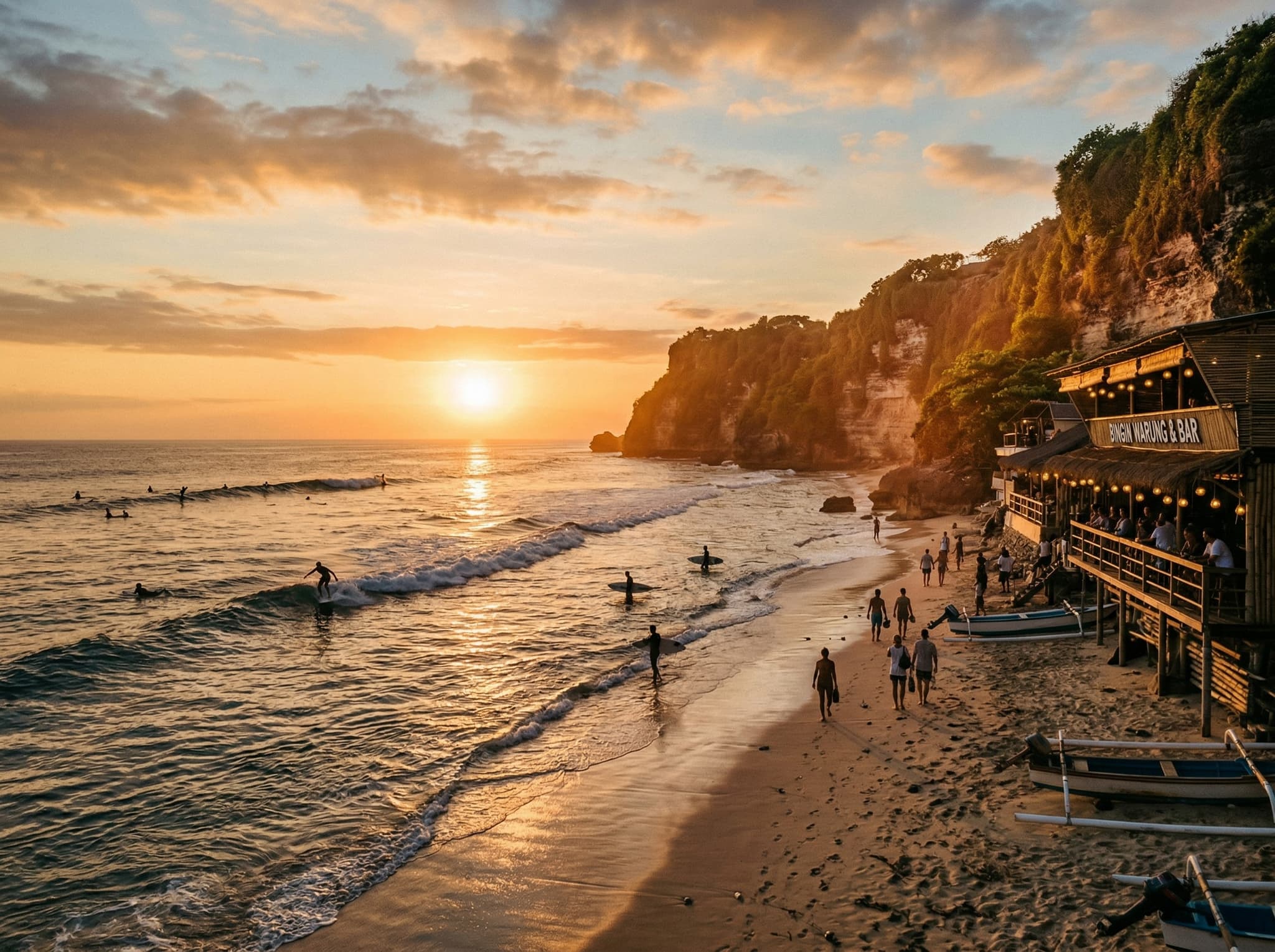 Sunset at Bingin Beach with surfers still in the water and the limestone cliffs glowing in warm golden light — capturing the golden hour atmosphere described at Bingin Ombak Warung and the evening scene that draws visitors to stay past dark