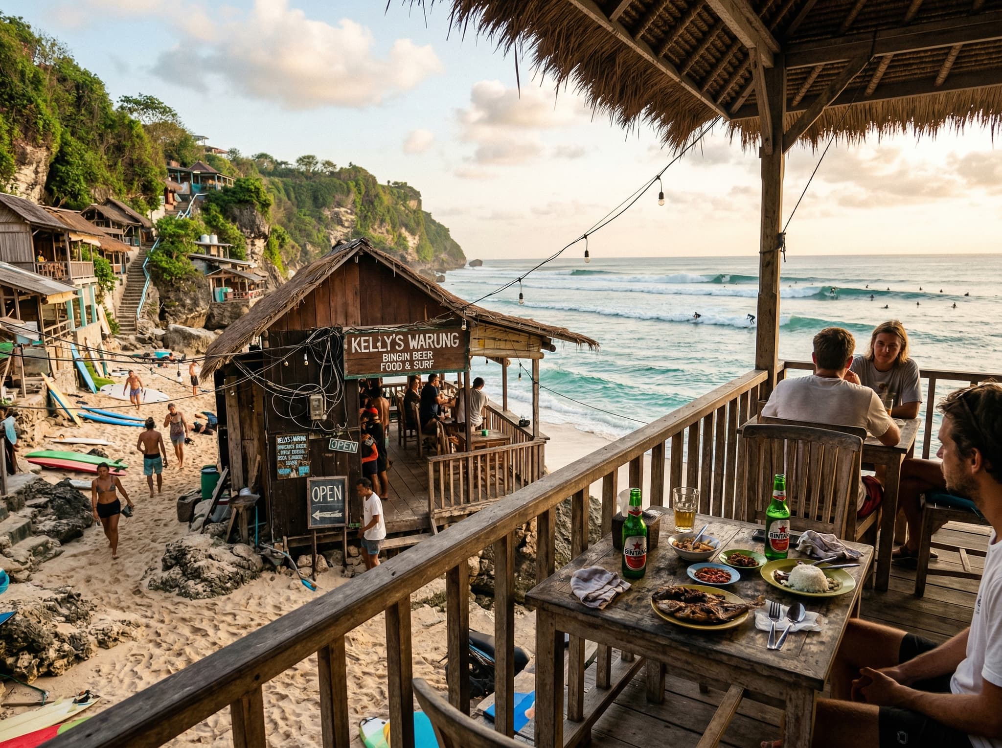 Kelly's Warung at Bingin Beach, showing the two-level beachfront structure with its upper deck overlooking the surf break — representing the casual, cash-only dining culture at the beach and the sunset viewing spot described in the article