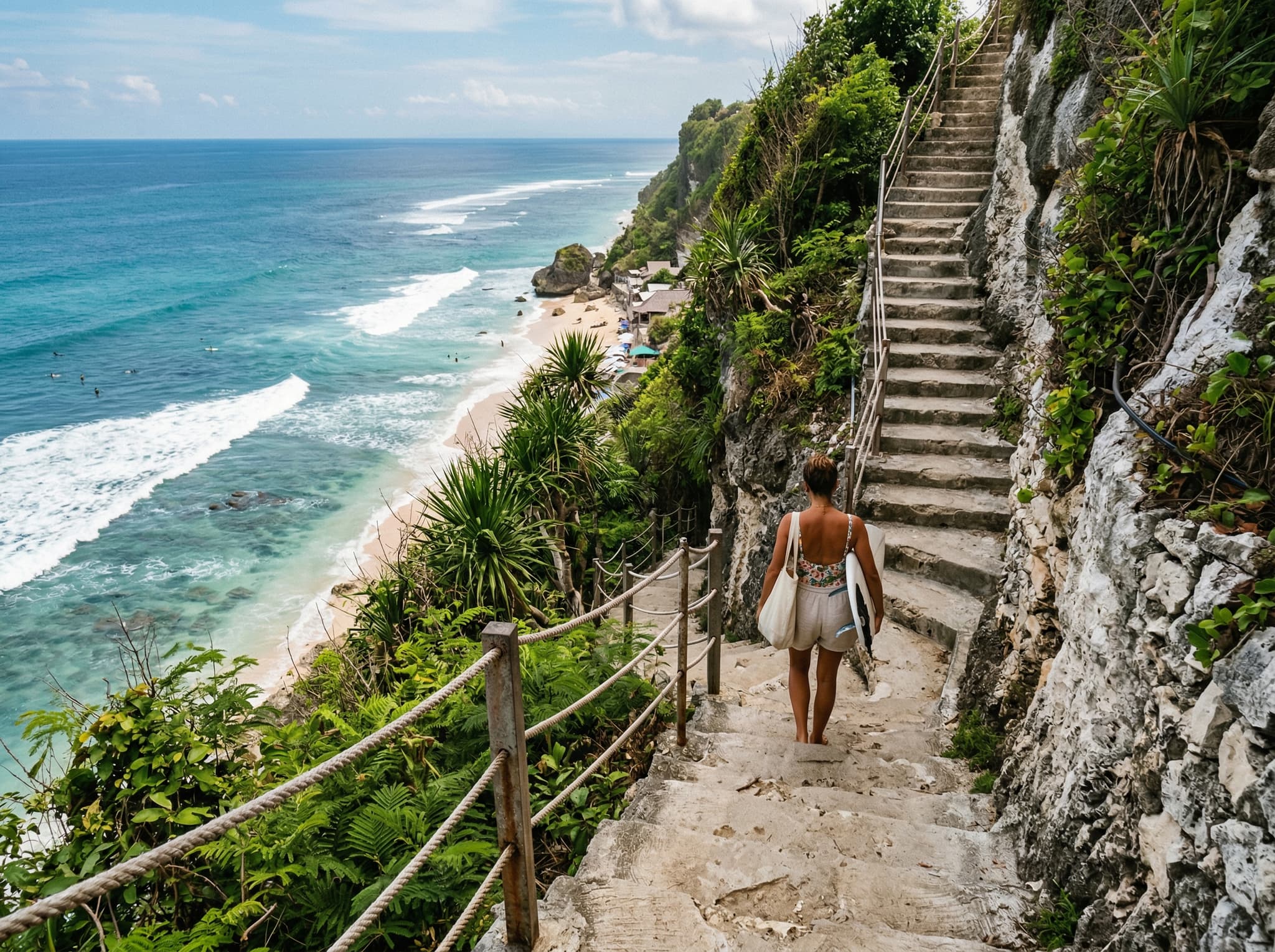 The steep concrete staircase carved into Bingin Beach's limestone cliff face, showing the roughly 187 steps descending toward the beach — illustrating the physical commitment required to reach the sand and the natural barrier that keeps the beach from overdevelopment