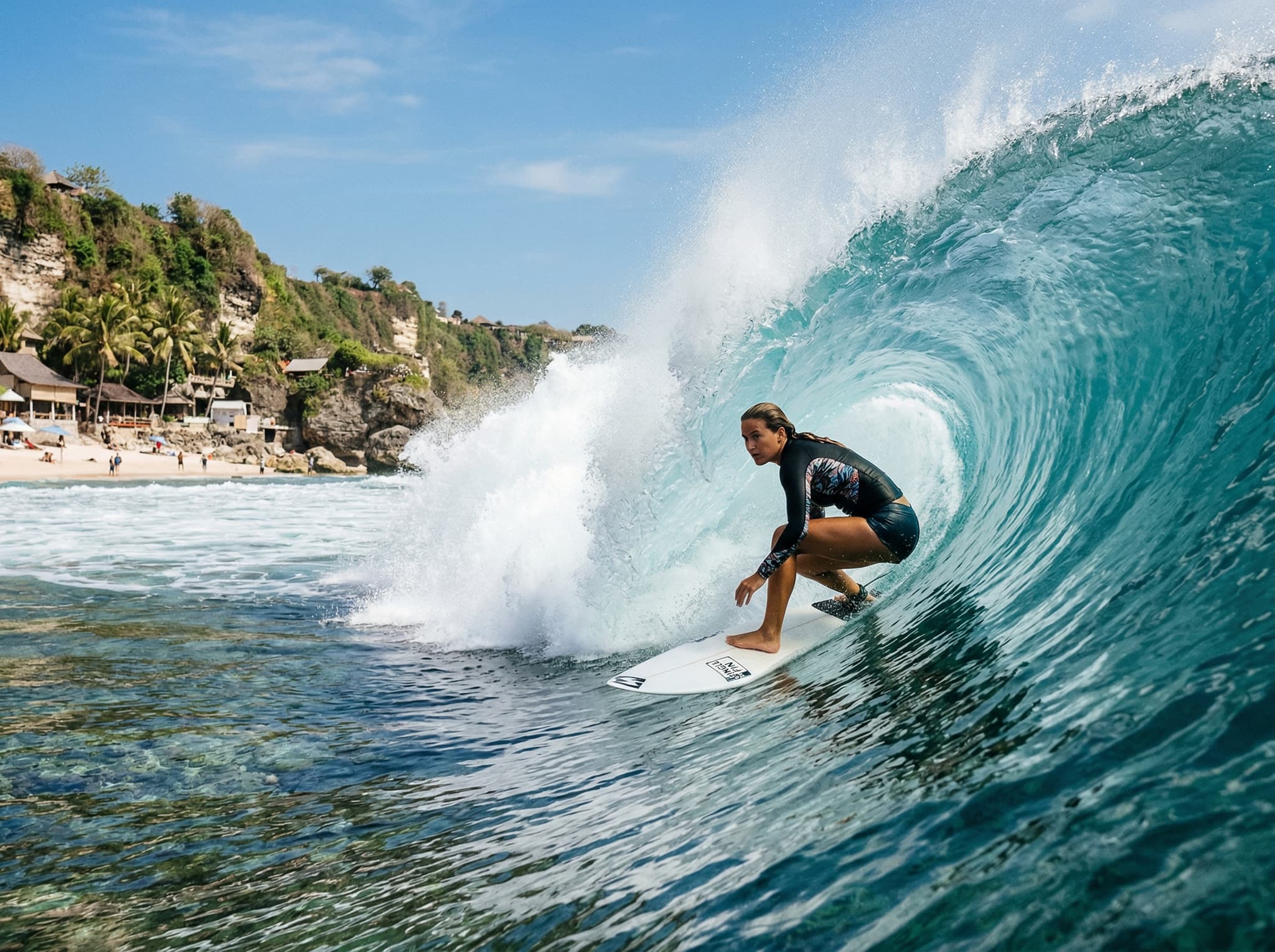 A surfer dropping into a steep left-hand barrel at Bingin Beach during peak dry season swell, with the shallow coral reef visible beneath the wave face — conveying the advanced skill level required and the quality of the break that draws surfers from around the world