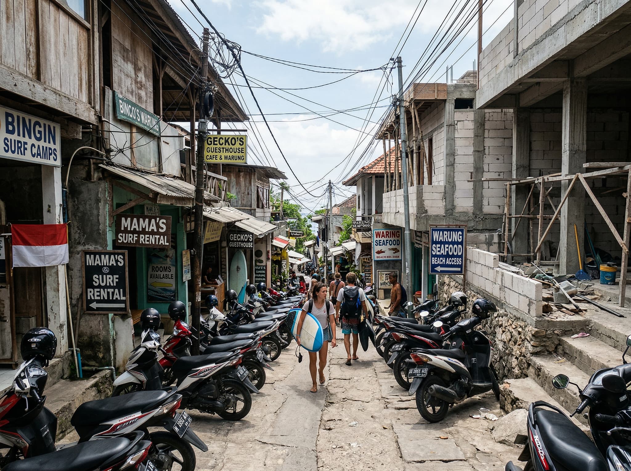 New construction and guesthouses visible along the cliffside lane above Bingin Beach, showing the development pressure and congestion that has changed the approach to the beach as of 2025 — illustrating the 'What's Changing' section's warning about increased crowds and building activity