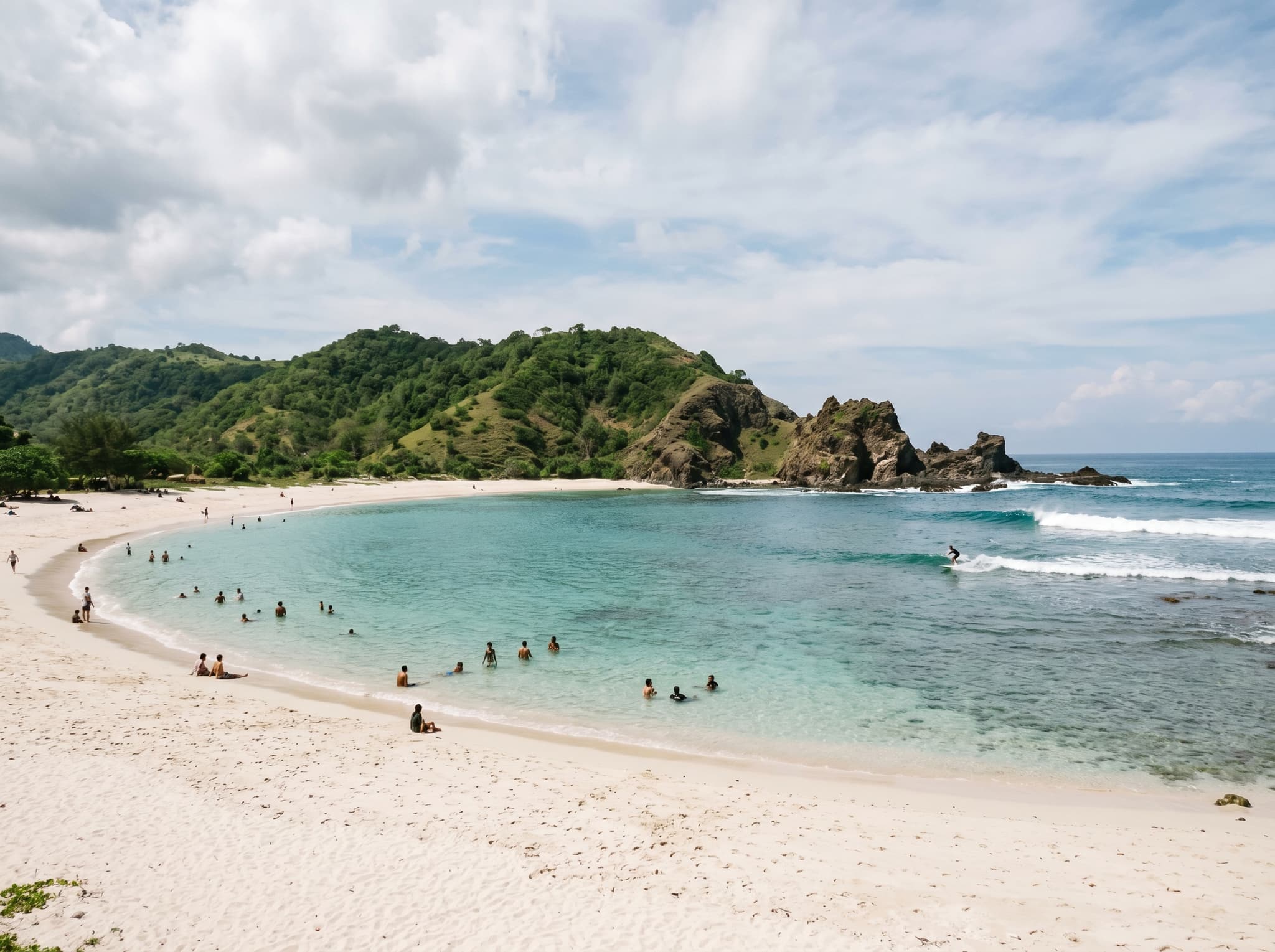 The eastern reef break at Mawun Beach, showing the point where surfers catch the right-hand wave off the rocky headland — contrasting with the calm swimming area in the bay's center