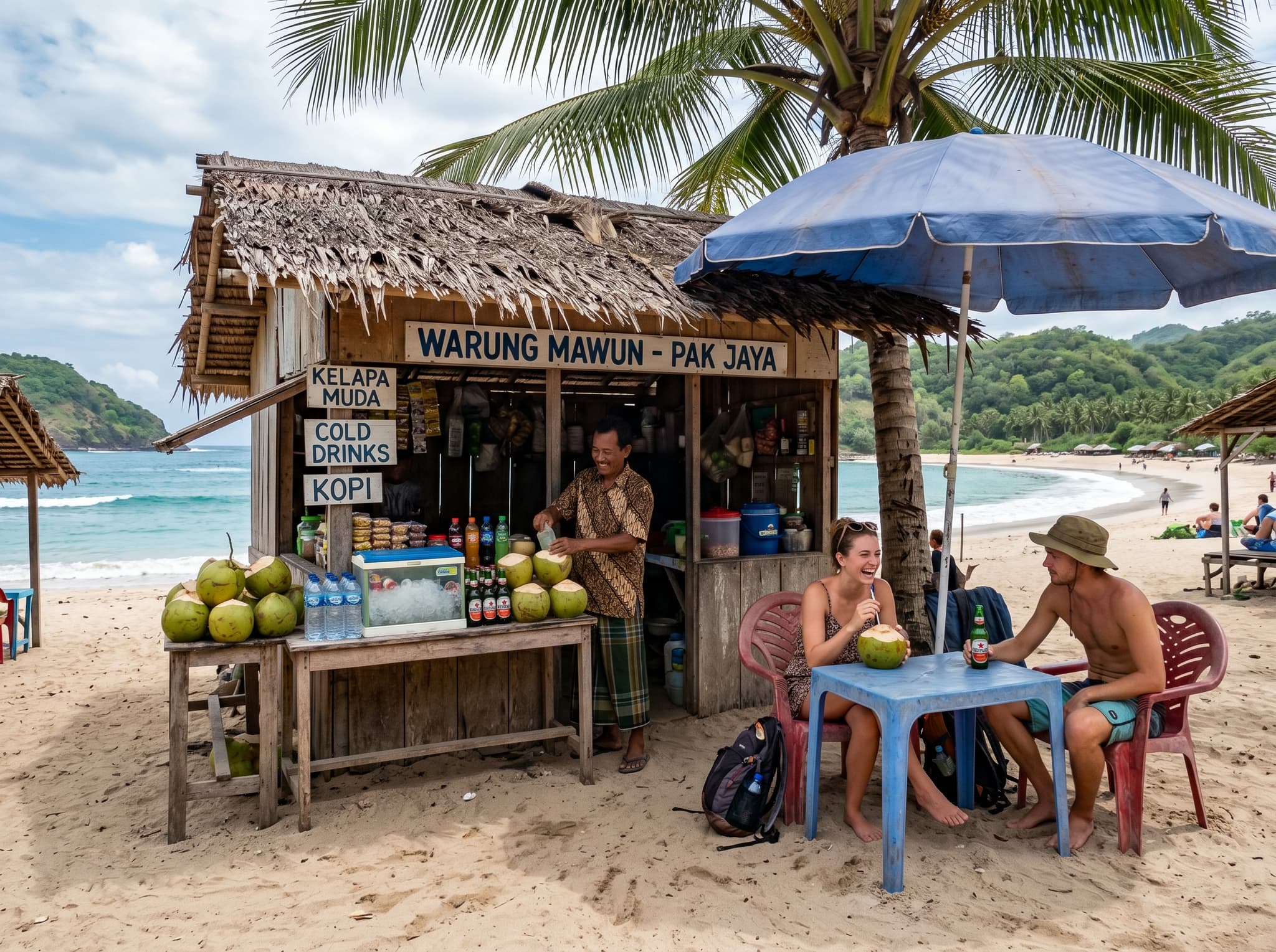 A small warung on Mawun Beach serving young coconuts and cold drinks to beachgoers, representing the simple, low-key facilities that define the beach's appeal and the informal fee-and-food arrangement described in the article