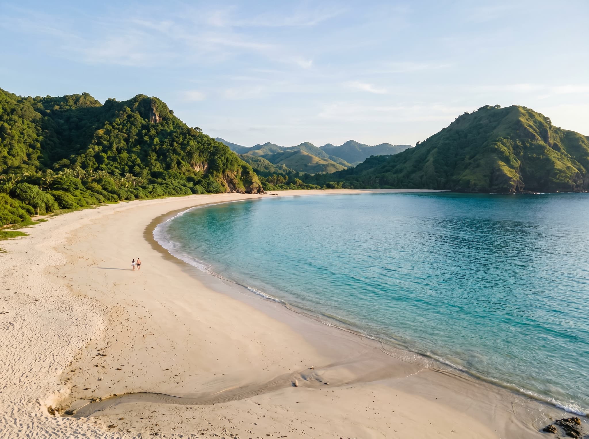 Mawun Beach during the quieter shoulder season — a long stretch of pale sand with very few visitors, illustrating the article's advice to visit in April or September-October for solitude before development pressure increases
