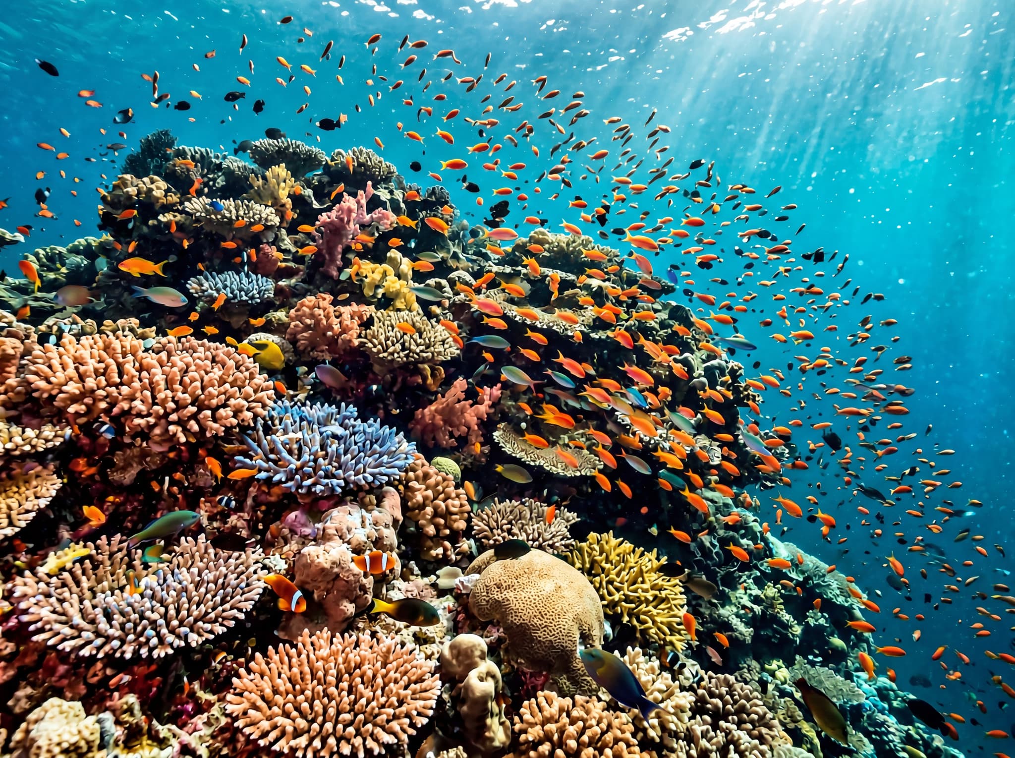 Underwater coral reef scene in Komodo National Park, Indonesia, showing dense reef-building coral and a school of tropical fish in strong blue-green current — conveying the extraordinary marine biodiversity at the convergence of Indian and Pacific Ocean currents