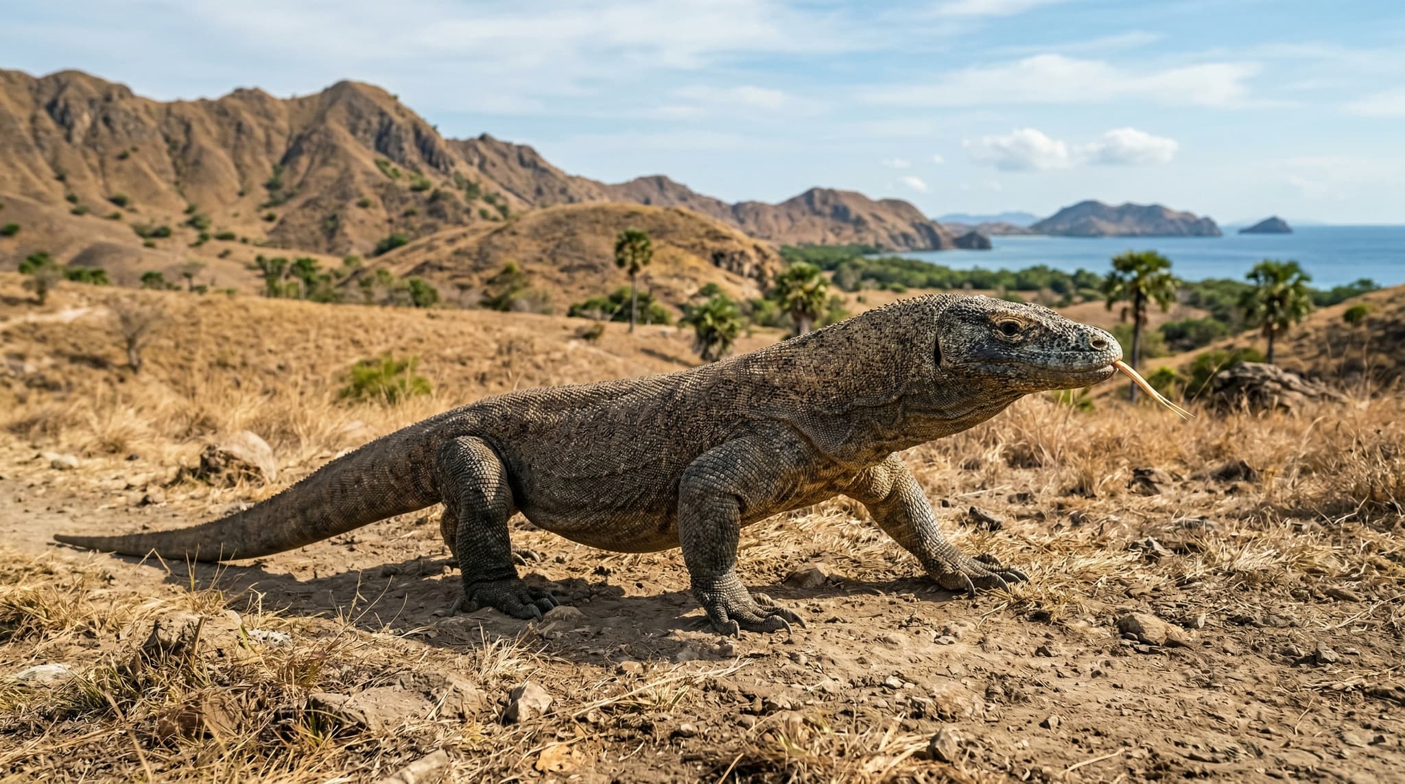 A Komodo dragon walking across dry savanna terrain on Komodo Island, Indonesia — the park's apex predator in its natural prehistoric landscape, establishing the article's central subject