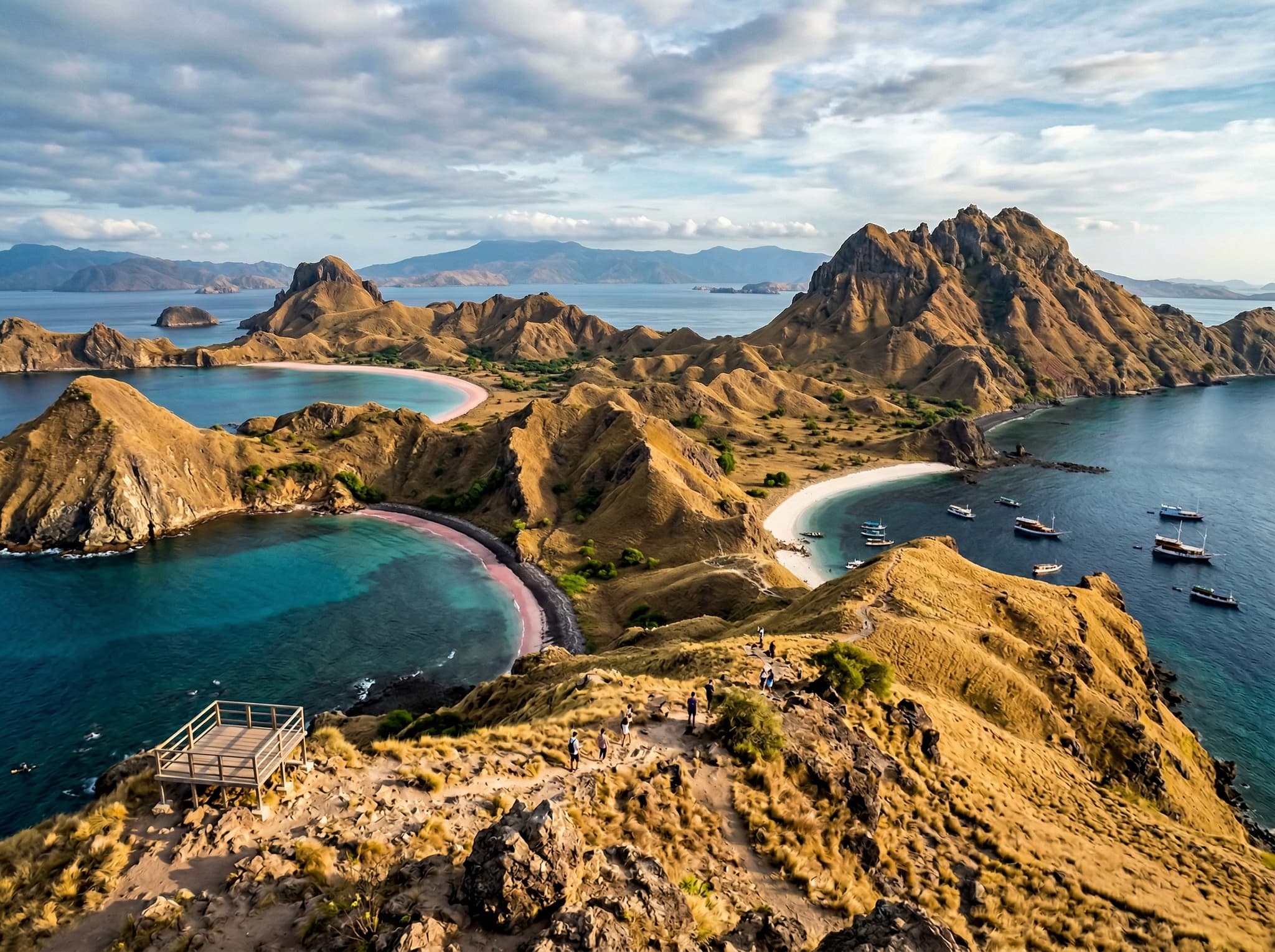 Panoramic view from the summit of Padar Island, Komodo National Park, showing three crescent-shaped bays with distinctly colored sand — white, pink, and black — separated by volcanic ridgelines, illustrating the park's most iconic viewpoint