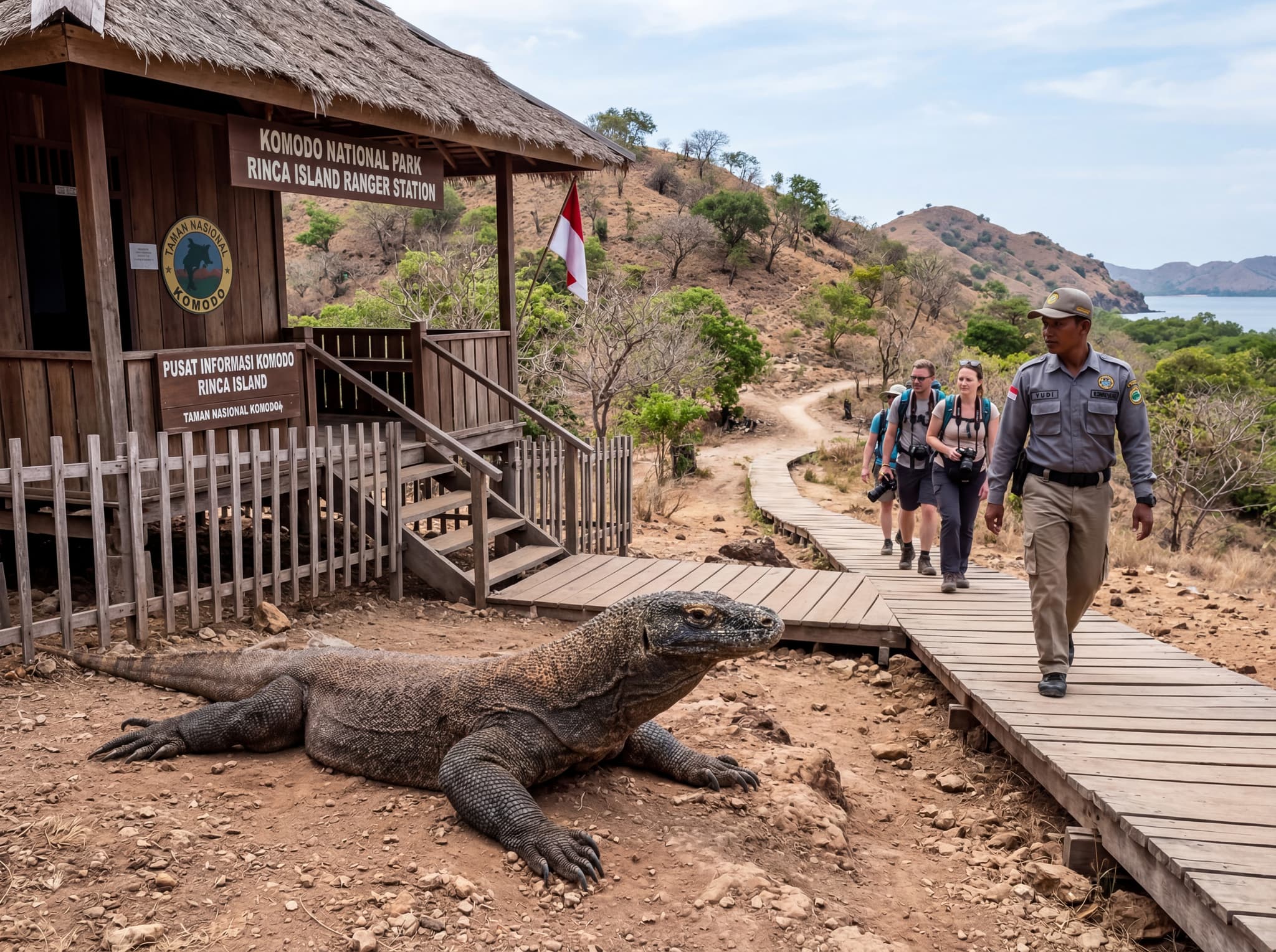 A Komodo dragon resting near the ranger station on Rinca Island, Indonesia, with a park ranger visible in the background — illustrating the guided trekking experience and the animals' proximity to human activity at the station