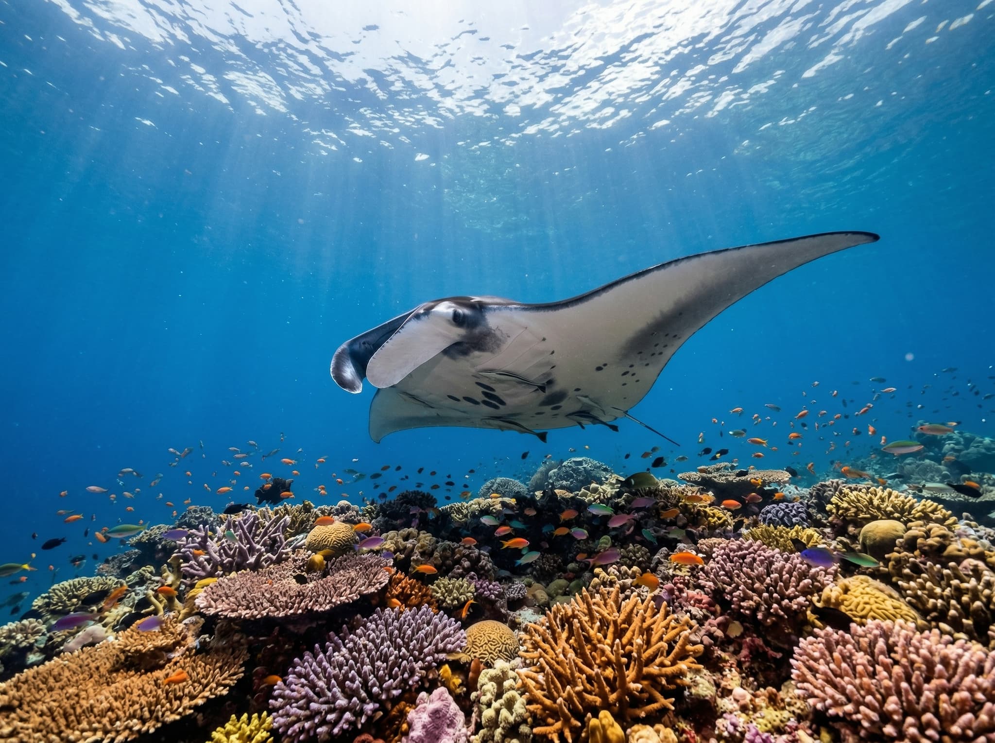 Underwater scene at Manta Point (Makassar Reef), Komodo National Park, showing a reef manta ray gliding above coral in clear blue water — representing the park's world-class marine biodiversity described in the diving section