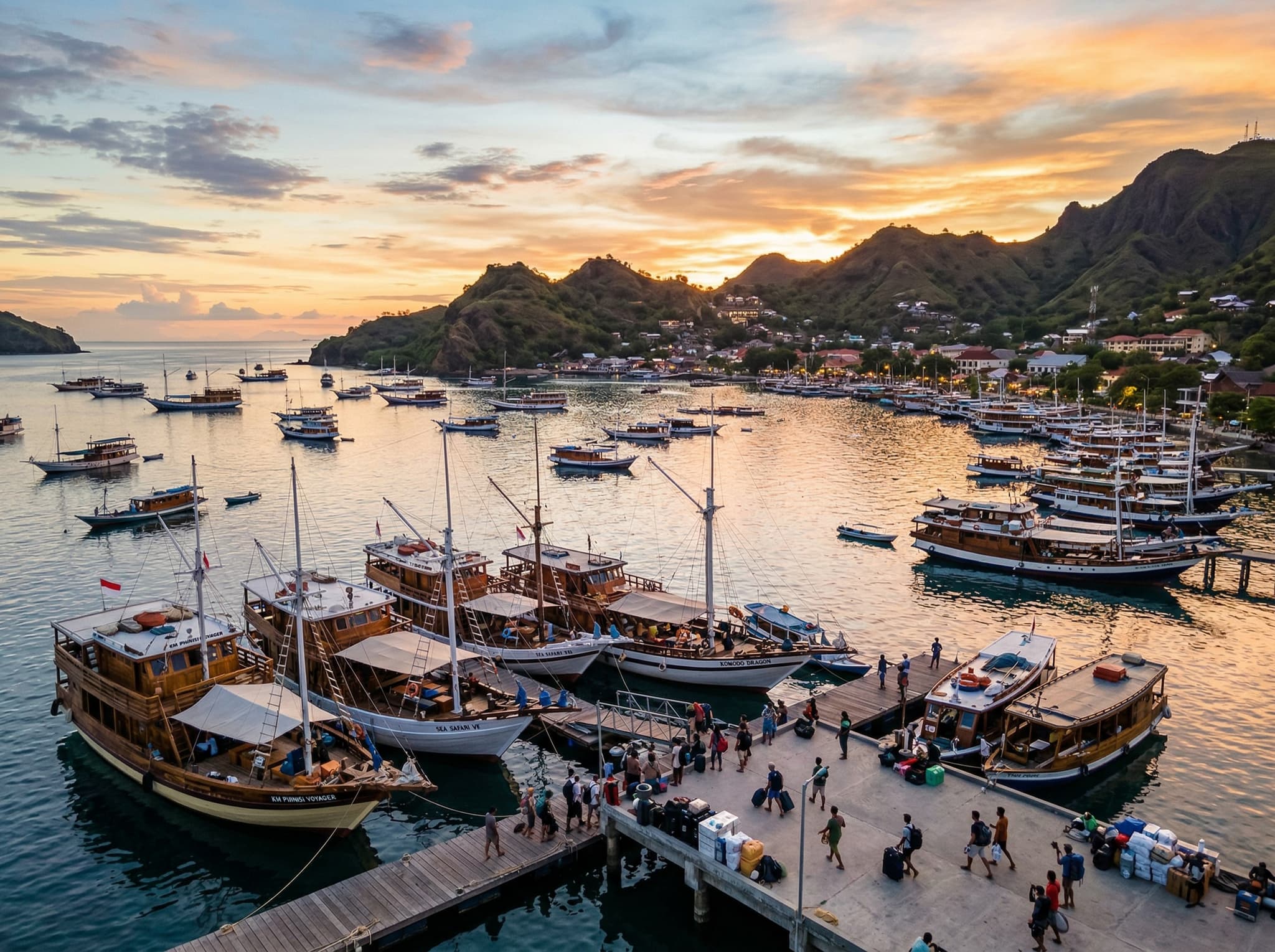 Labuan Bajo harbor at golden hour, western Flores, Indonesia, with wooden liveaboard boats moored in the bay — establishing the gateway town and departure point for all park excursions described in the getting there section