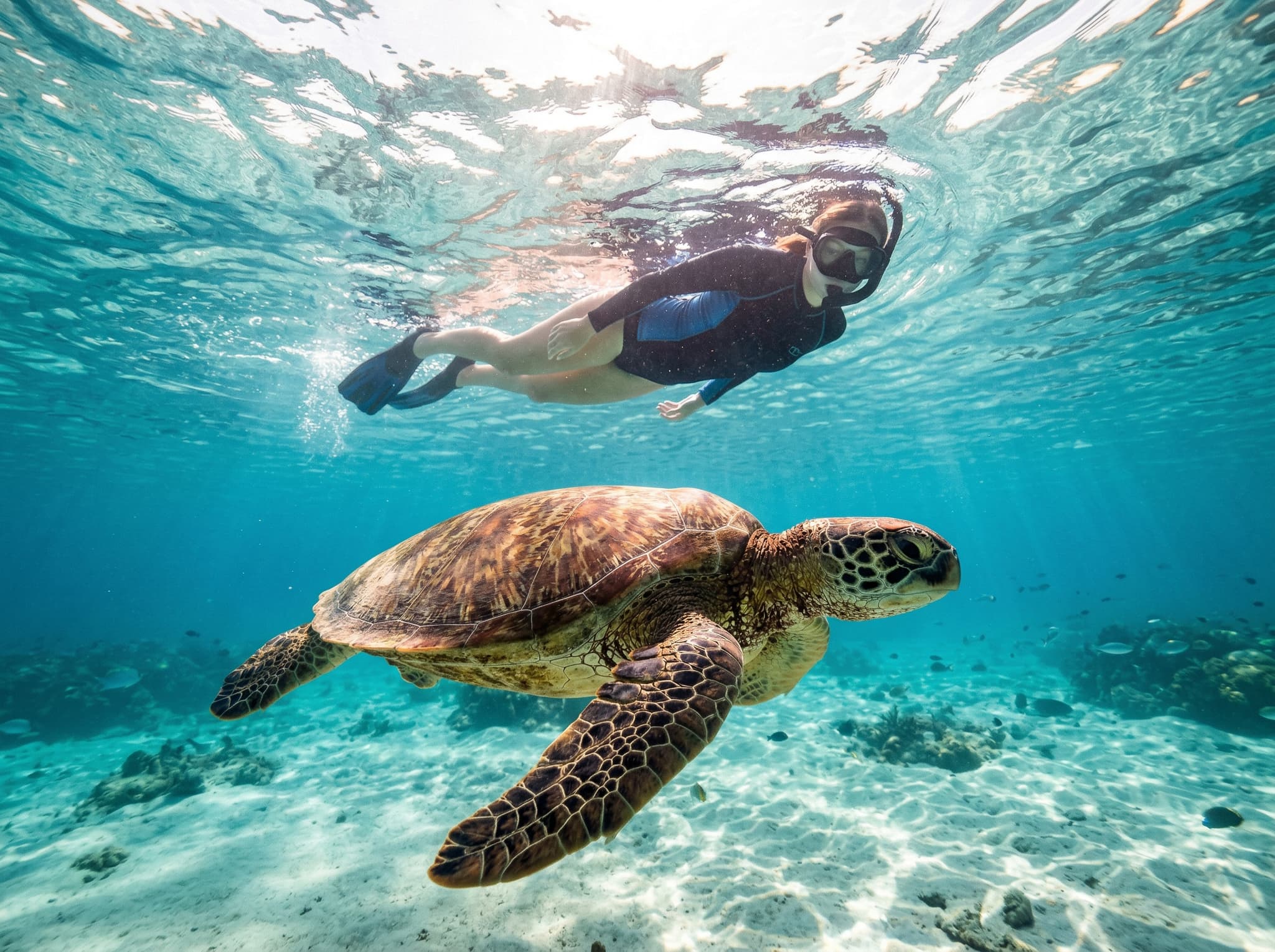 A snorkeler floating at the surface above a sea turtle in shallow clear water, showing the accessible, no-certification-required turtle encounter experience that Turtle Heaven offers to non-divers