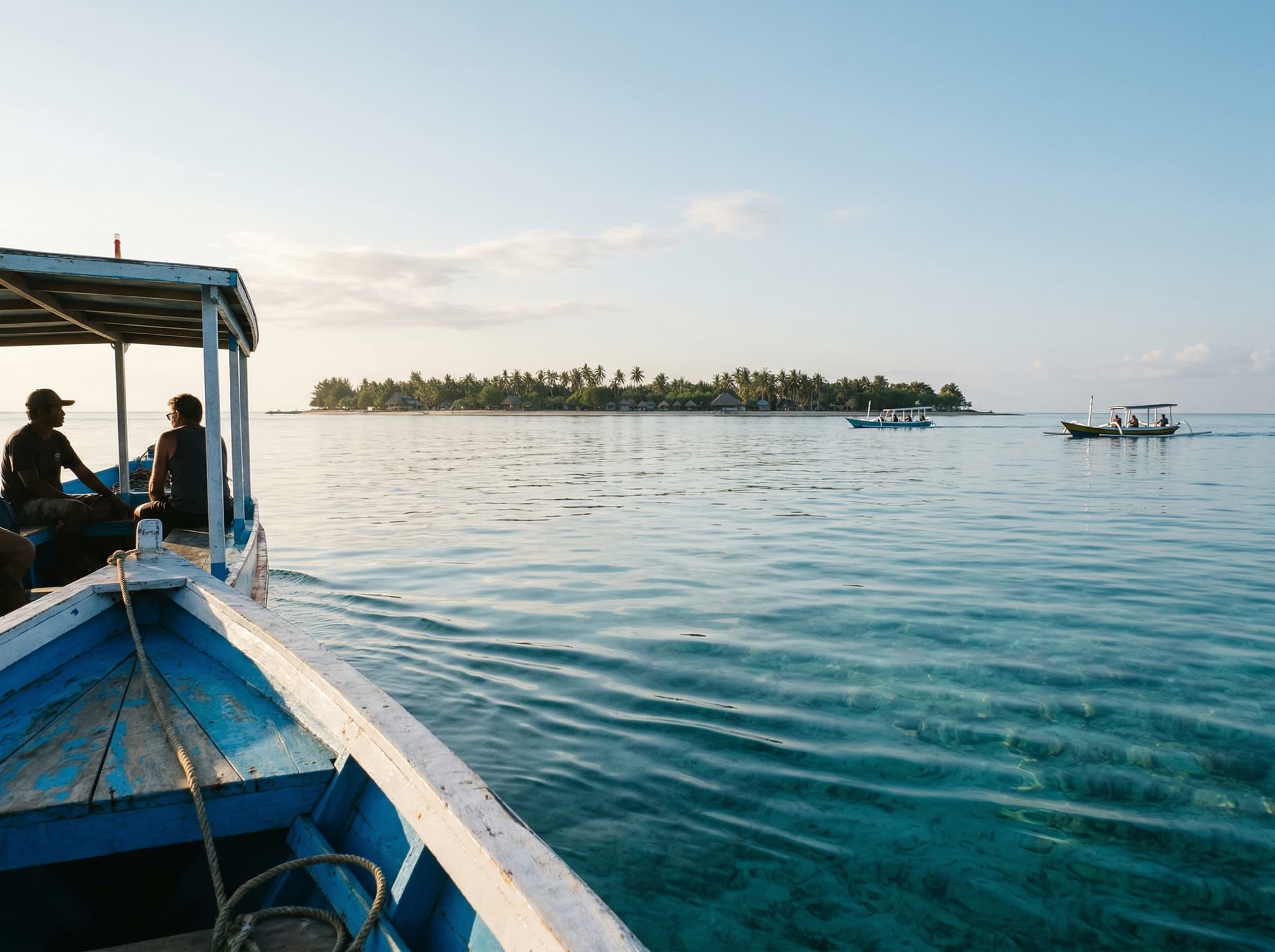 Morning light on calm Gili Islands water during the dry season, showing the ideal April–October visibility conditions for snorkeling and diving at Turtle Heaven