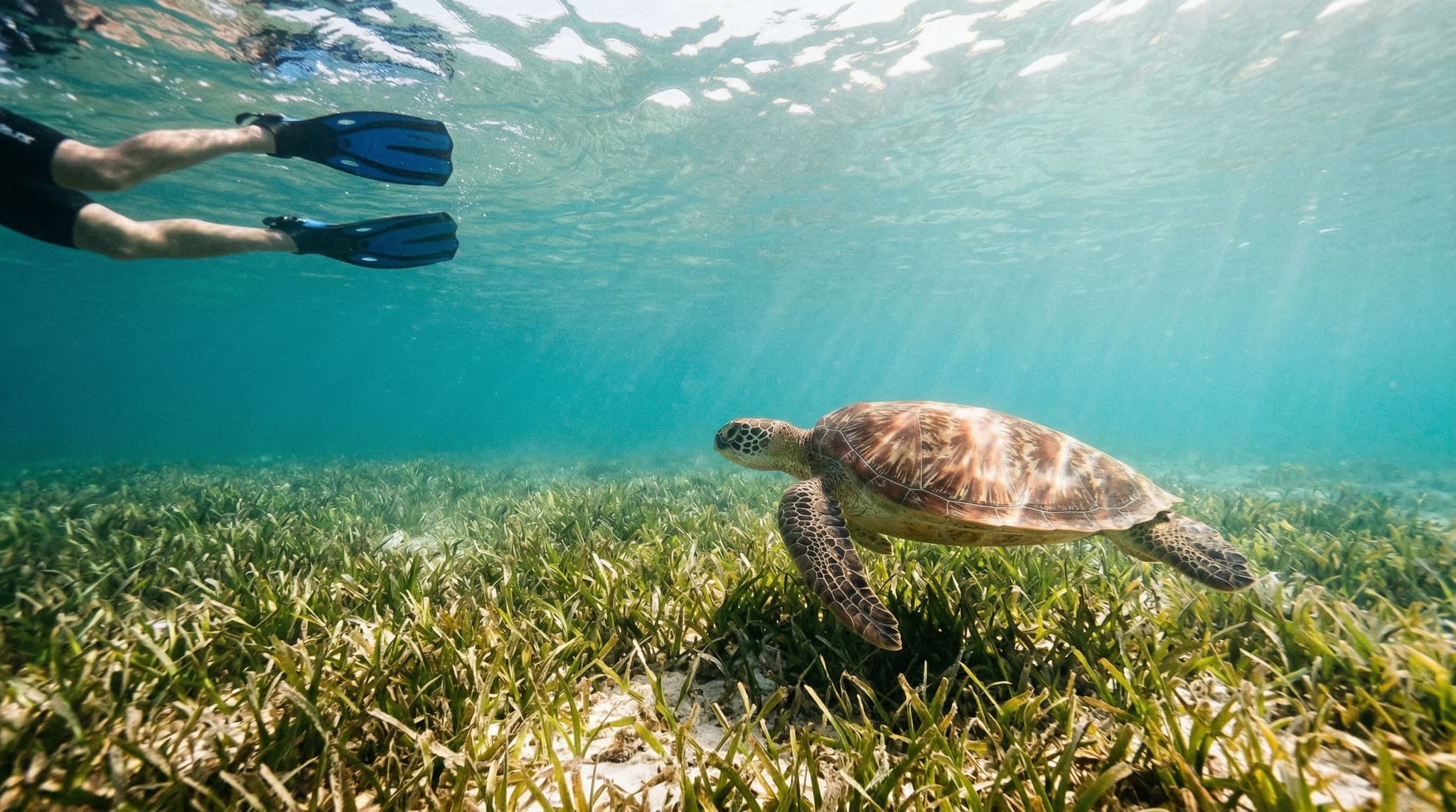 A green sea turtle gliding through clear, sunlit shallow water above a seagrass bed near Gili Meno, Gili Islands — illustrating the close, unhurried turtle encounters that define Turtle Heaven dive site