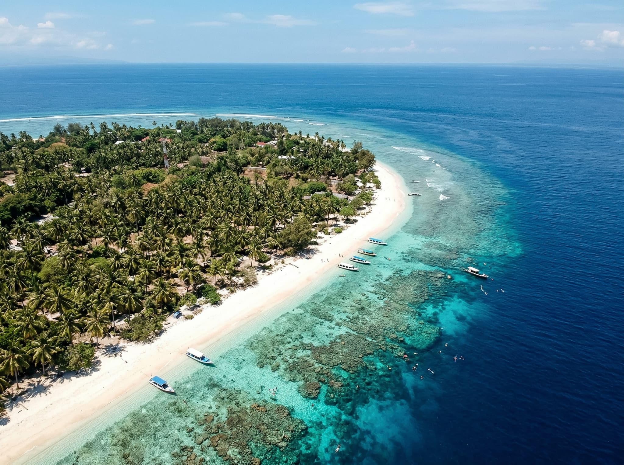 Aerial or wide coastal view of Gili Meno island, the smallest and quietest of the Gili Islands, showing its shallow turquoise reef waters and the northeast coastline where Turtle Heaven is located
