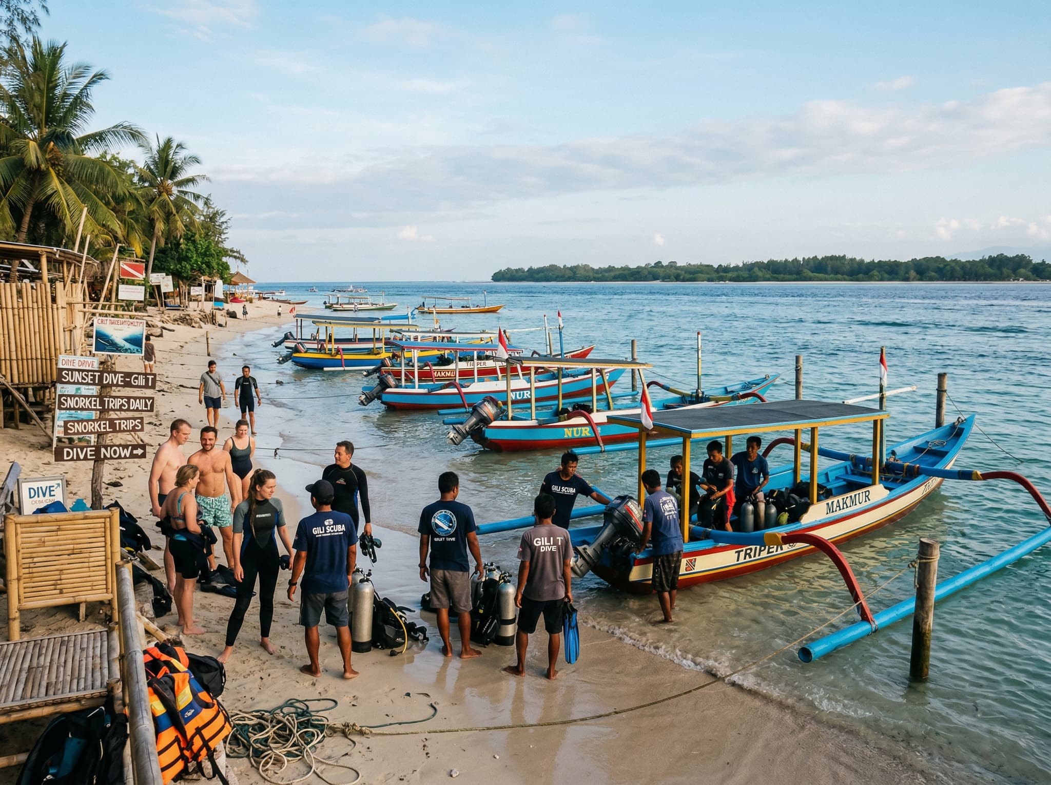 Gili Trawangan beachfront with traditional wooden jukung boats moored in shallow water, showing the main departure point for snorkel and dive trips to Turtle Heaven at Gili Meno