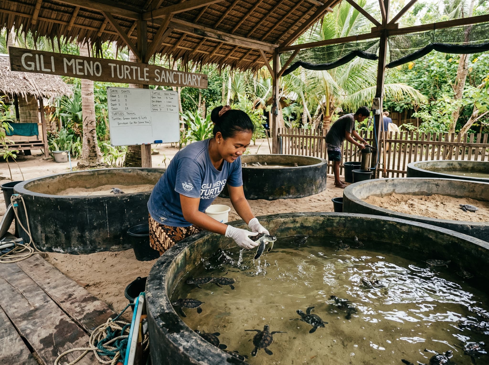 The Gili Meno Turtle Sanctuary land-based hatchery facility, showing incubation enclosures or hatchling tanks — distinguishing this conservation site from the offshore Turtle Heaven dive site