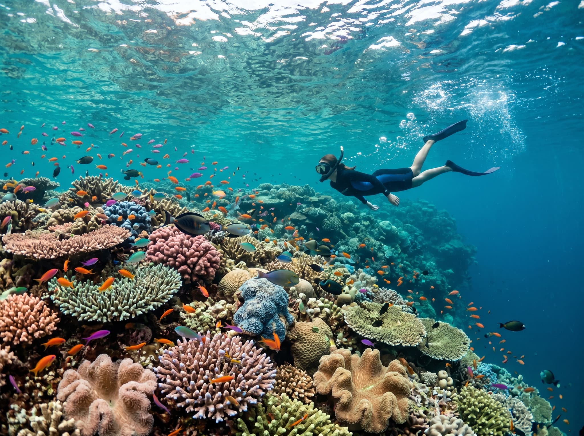 Snorkeler in the shallow coral reef surrounding Arborek Island, Raja Ampat — dense hard and soft corals with tropical reef fish visible in clear water, representing the world-class house reef that is the primary draw for visitors to Happy Homestay