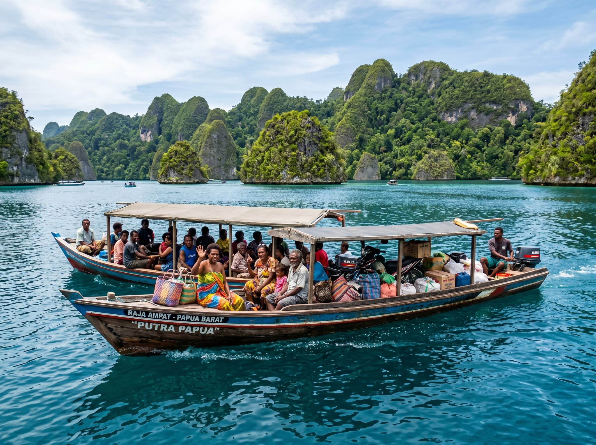 Traditional wooden longboat on the water near Arborek Island or Waisai, Raja Ampat — the primary mode of transport between islands in the archipelago, illustrating the boat journey described in the Getting There section
