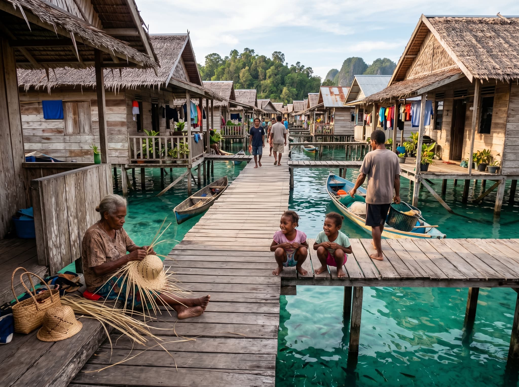 Village life on Arborek Island — local residents on the wooden walkways or near the jetty, with woven handicrafts or fishing activity visible, capturing the authentic community atmosphere that defines the homestay experience described in the article