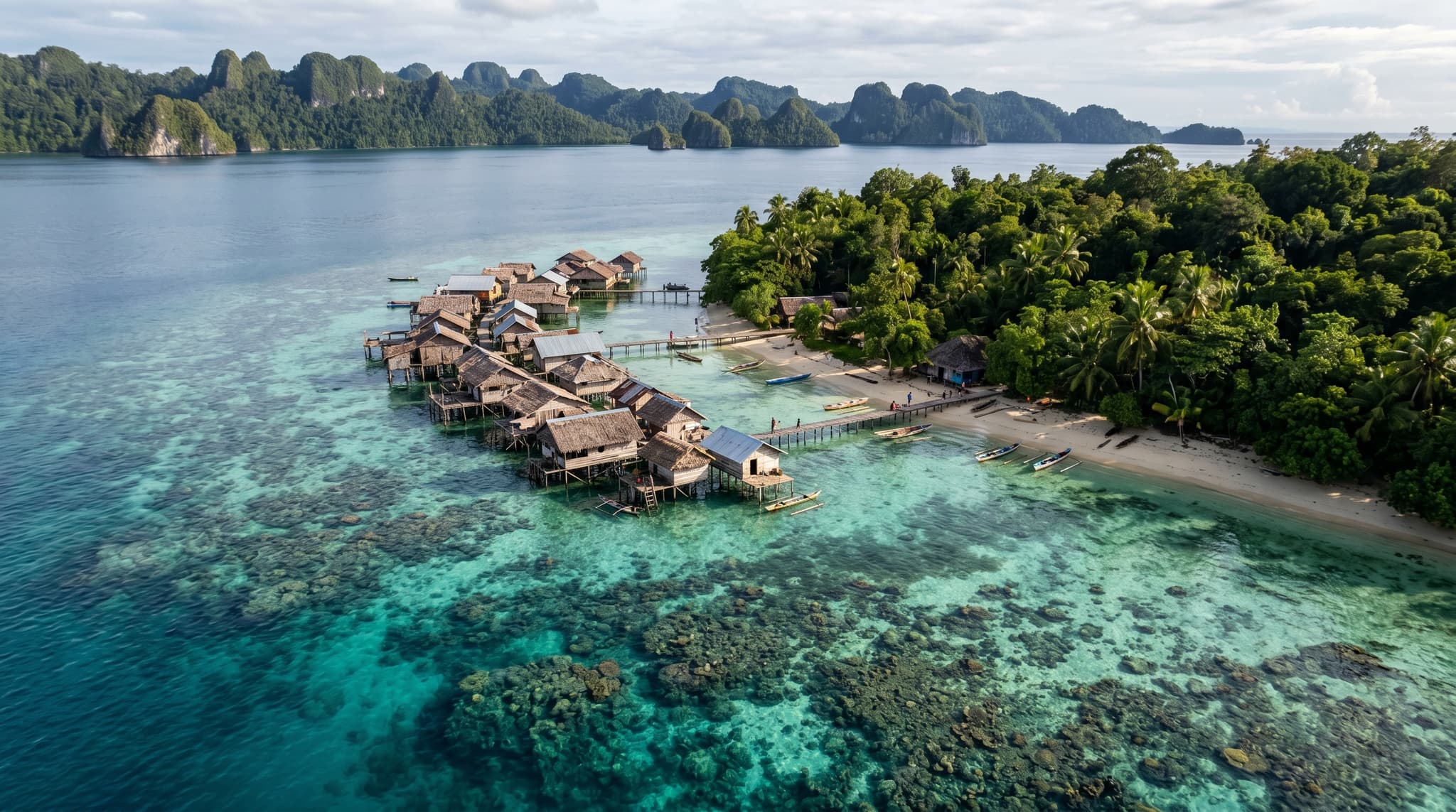 Arborek Island village in Raja Ampat, West Papua, Indonesia — stilted wooden houses over turquoise shallow water with lush green hills in the background, representing the beachfront homestay destination covered in this article