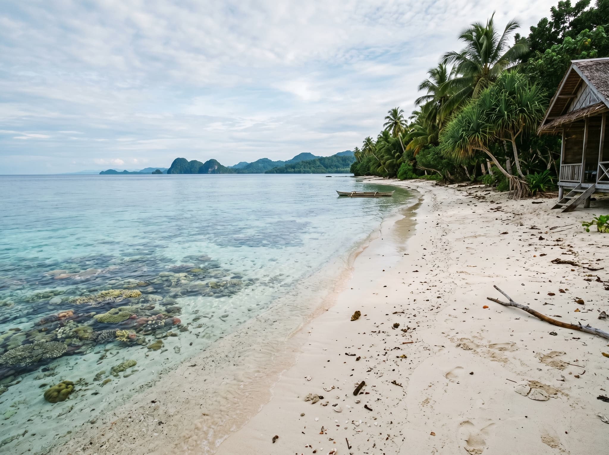 Beachfront view from Happy Homestay Arborek — a quiet stretch of private sand on Arborek Island with calm turquoise water and coral reef visible just below the surface, illustrating the homestay's key advantage over other guesthouses on the island