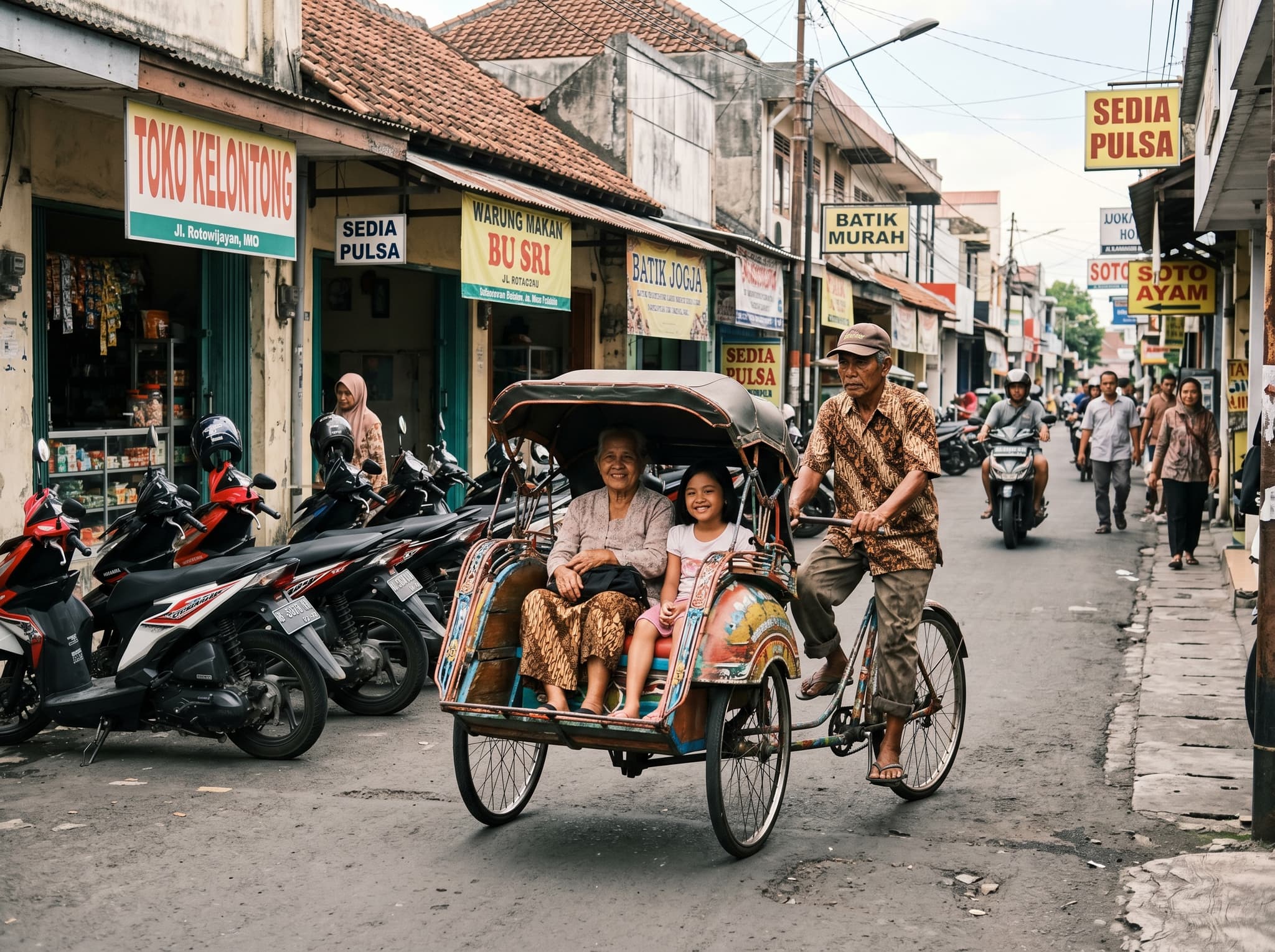 A becak (cycle rickshaw) navigating a narrow street near Malioboro in Yogyakarta, illustrating the recommended mode of transport to reach Gudeg Yu Djum's Wijilan branch — a short, affordable ride from the city's main tourist corridor
