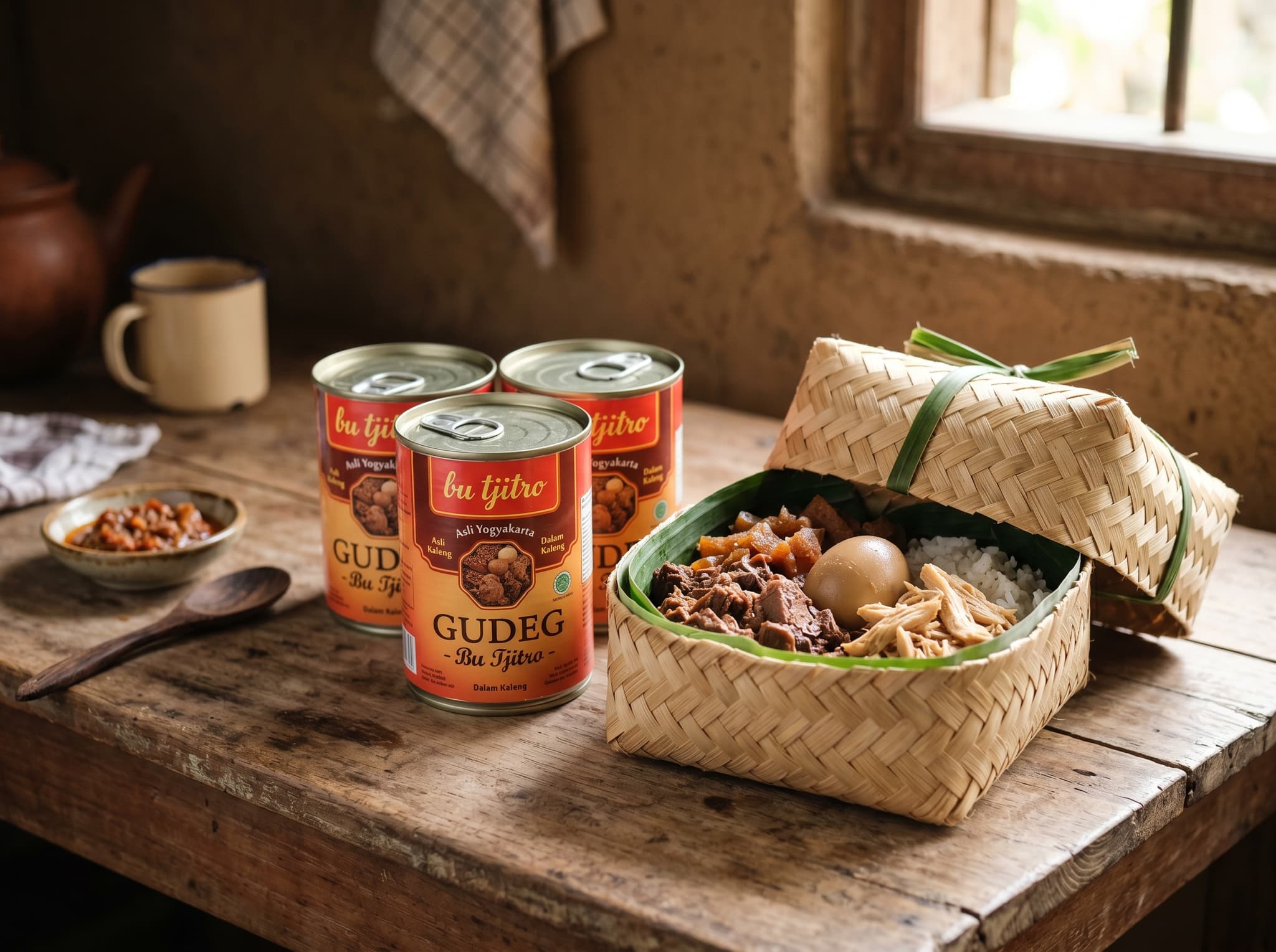 Canned gudeg takeaway packaging from a Yogyakarta food producer — sealed tins or besek bamboo containers of gudeg ready for travel, representing the takeaway and souvenir option mentioned in the article's timing and takeaway section