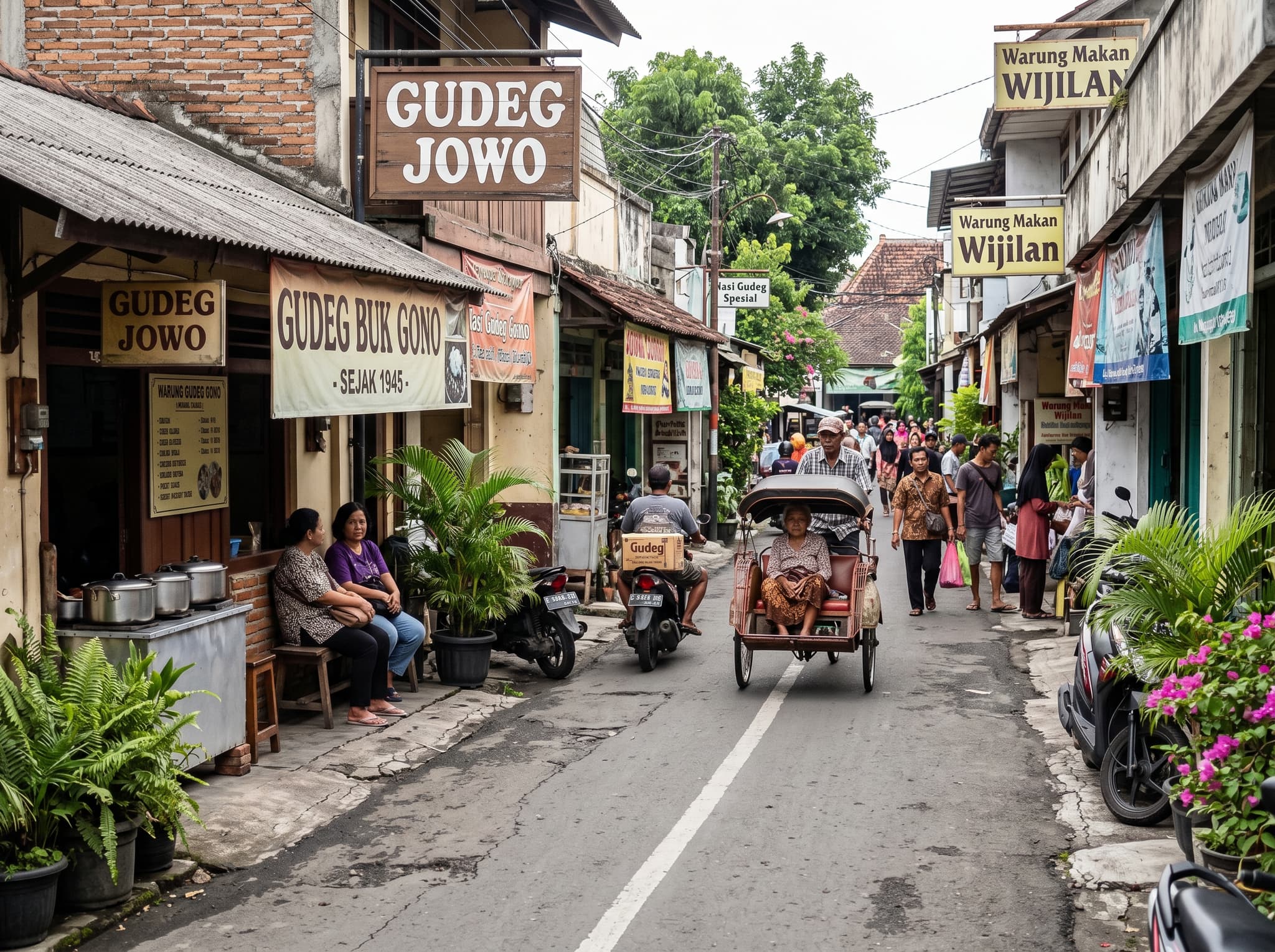 Jalan Wijilan street in the Kraton district of Yogyakarta — a narrow lane lined with gudeg warungs and food stalls, showing the street-level context that helps visitors navigate to Gudeg Yu Djum No. 167, the branch recommended in this article