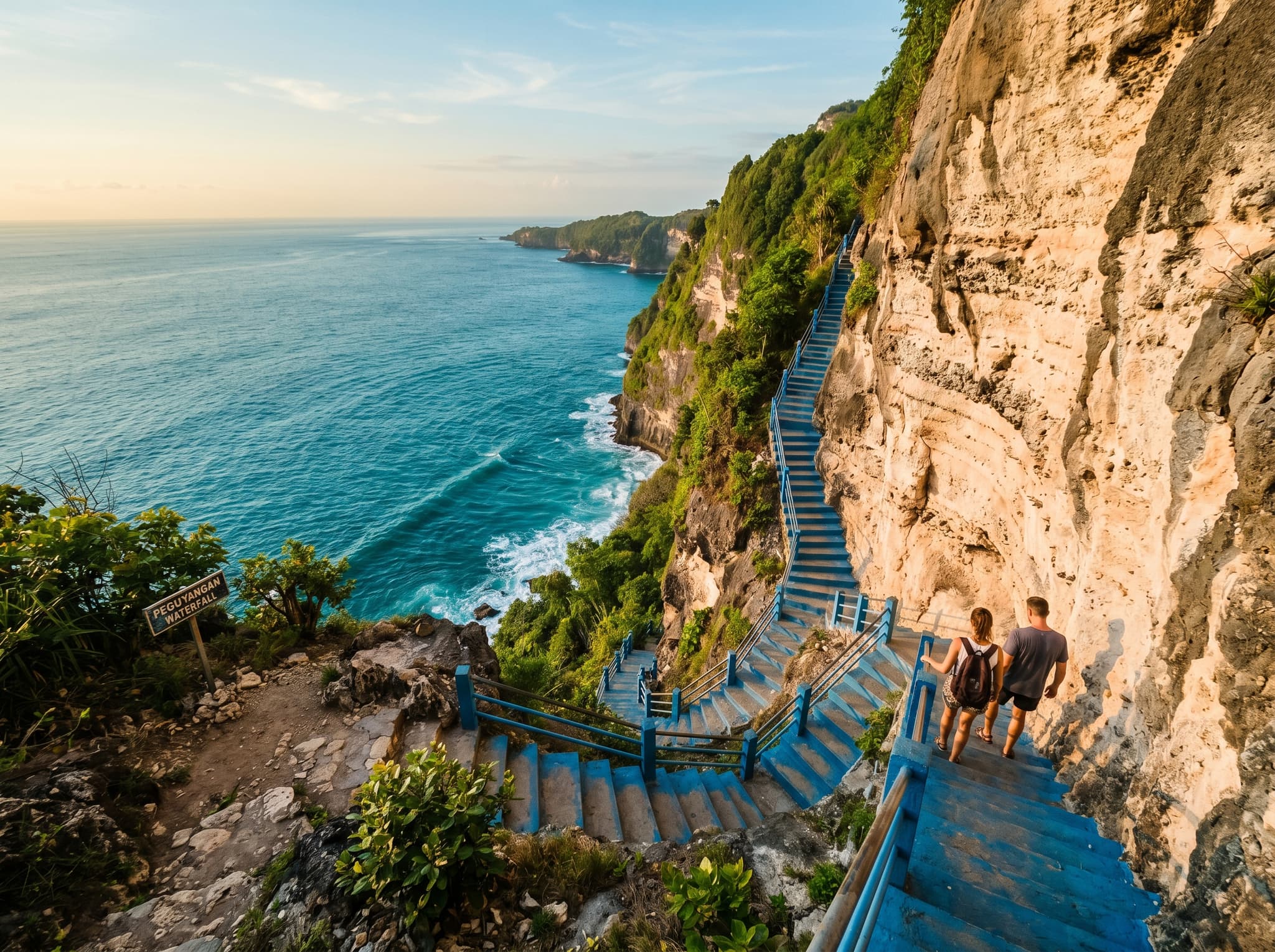 Early morning light on the Peguyangan cliff face and staircase, viewed from the trailhead plateau — the blue stairs catching the low morning sun against the pale limestone, the ocean glittering below, before the heat and crowds of midday. Illustrates the article's advice to arrive before 9 AM for better conditions.