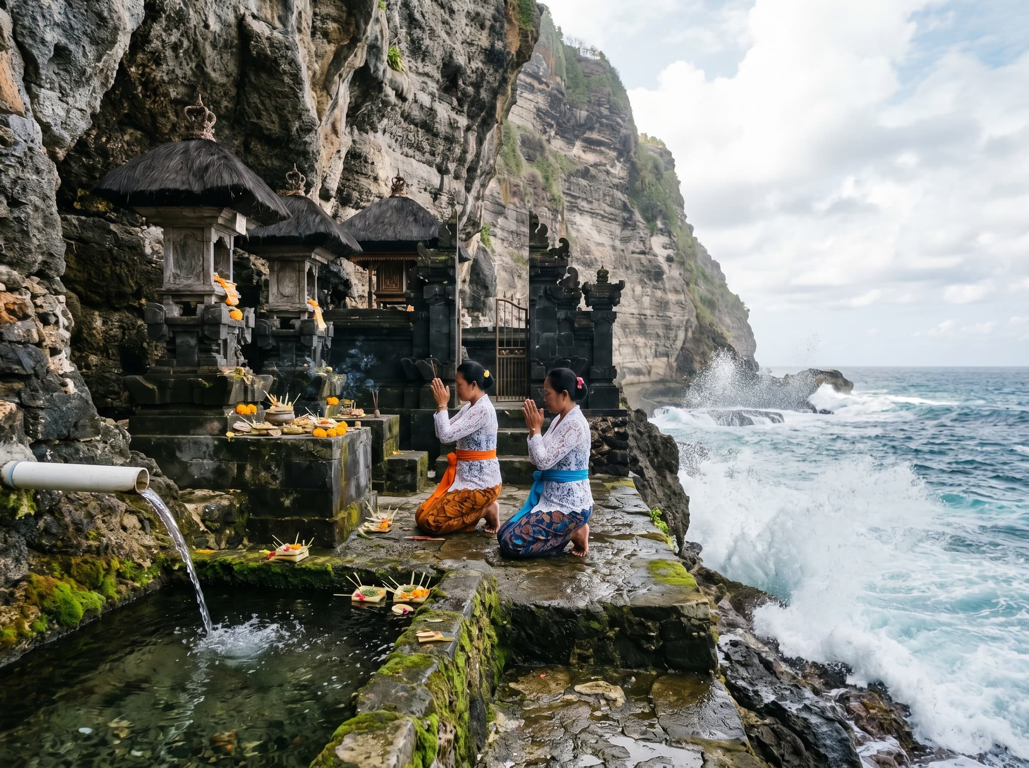 The sacred spring temple complex at the base of Peguyangan's cliff — a small Balinese Hindu temple on a rock ledge above the ocean, with the freshwater spring flowing into ceremonial pools, limestone walls, and ocean surf crashing nearby. Shows the spiritual destination that is the true purpose of the blue staircase descent.