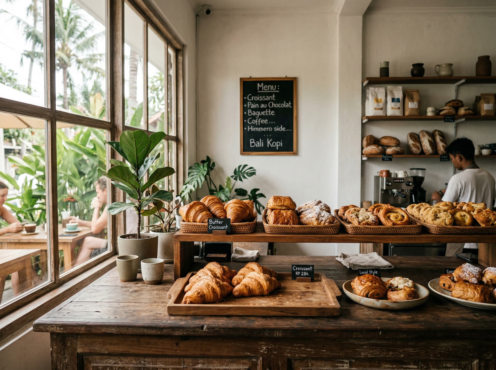 Interior or exterior of Monsieur Spoon bakery in Pererenan, Bali — freshly baked croissants and pastries on a wooden counter or display shelf, warm natural light from a window, simple café aesthetic. Supports the food section's recommendation and conveys the relaxed, less-chaotic atmosphere of the Pererenan location versus the Batu Bolong original.