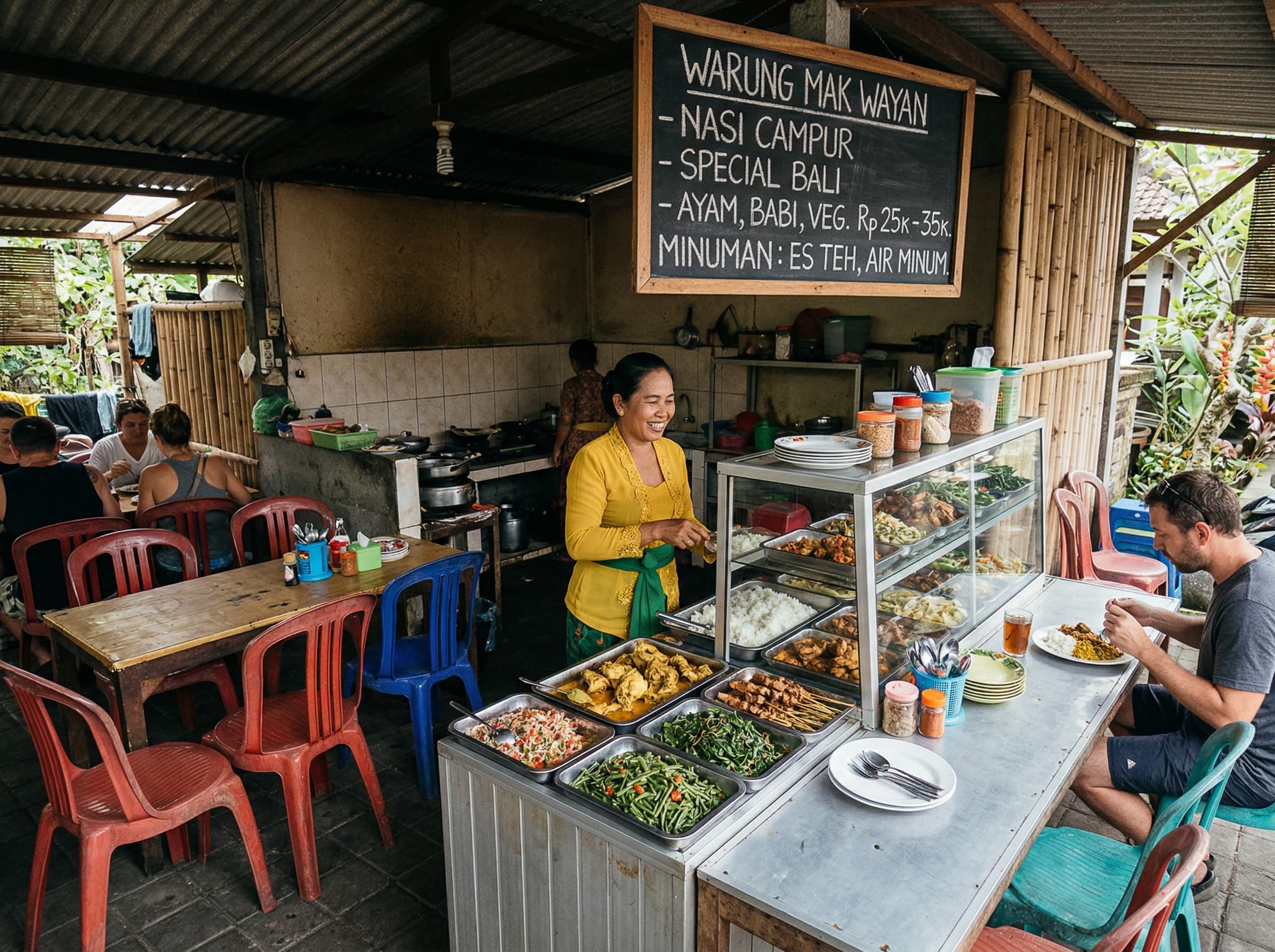 A local Balinese warung — small open-air roadside food stall with nasi campur dishes displayed in metal trays, a Balinese woman serving behind the counter, simple plastic chairs and tables, natural daylight. Illustrates the article's recommendation of Warung Nasi Ayam Bu Oki and its argument that local warungs offer better value and quality than Western-style cafés.