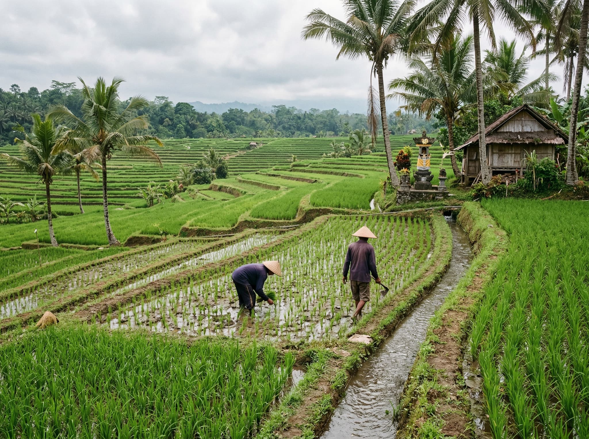 Aerial or ground-level view of active rice paddies in Pererenan or northern Canggu, Bali — terraced green fields with irrigation channels, a few palm trees, a traditional Balinese farmhouse or shrine at the edge. Anchors the article's closing argument that Pererenan's rice fields are still functioning agricultural land, not decorative backdrops — the defining difference from Canggu proper.