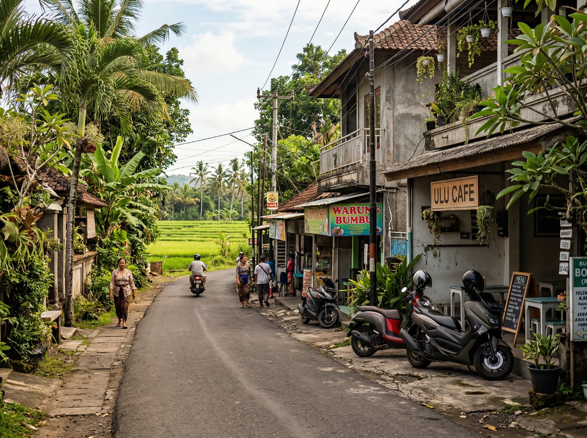 Jalan Pererenan main road, Bali — a narrow lane flanked by low-rise cafés, a yoga studio, and lush tropical vegetation, with rice paddies visible through a gap between buildings in the background. Illustrates the article's key point that agricultural land still exists between the development, distinguishing Pererenan from Canggu proper.