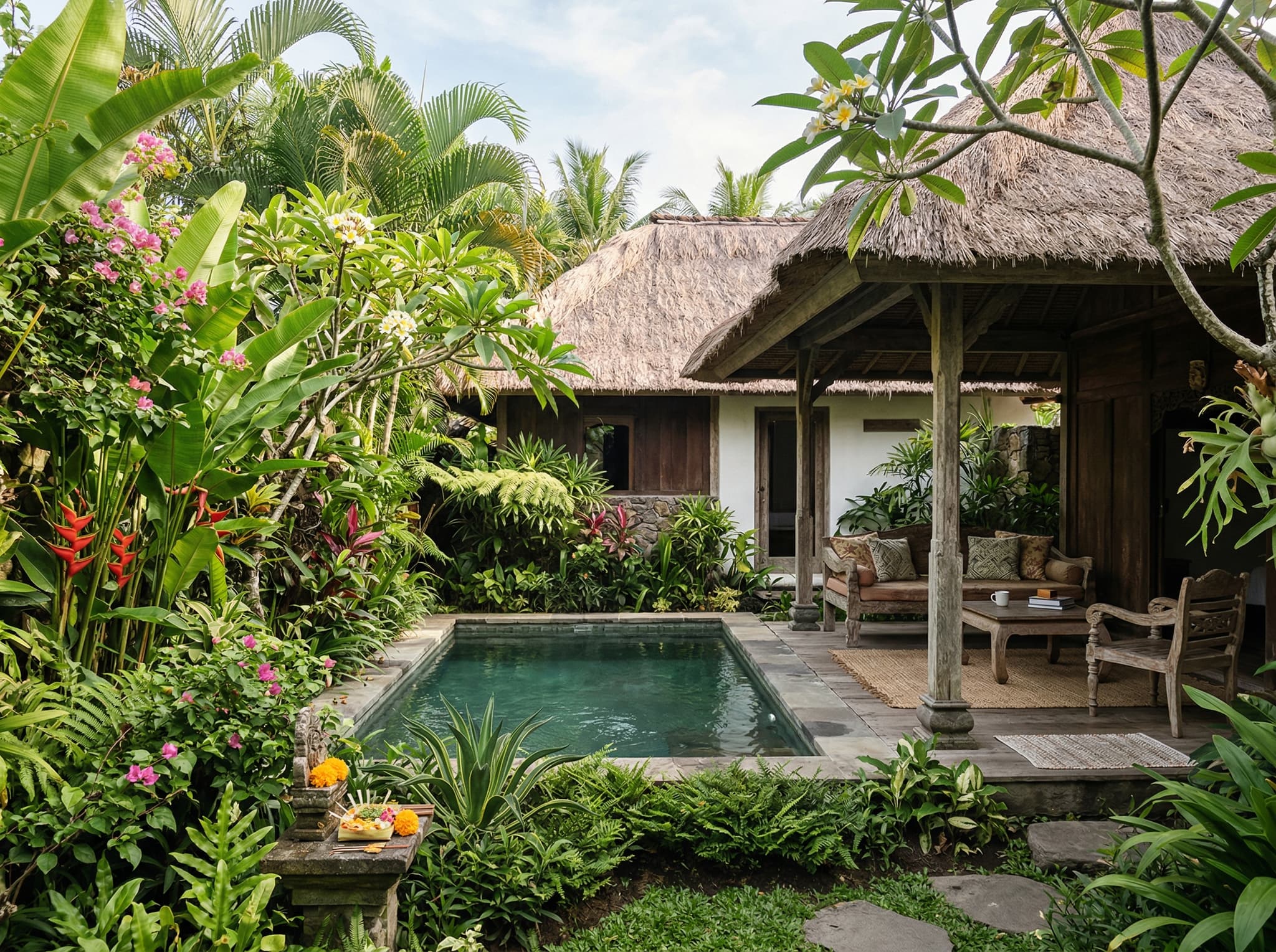 A private villa with a small pool surrounded by tropical garden in Pererenan, Bali — open-air living pavilion, lush greenery, morning light on the water. Supports the accommodation section's argument that Pererenan offers more space and value than Seminyak, with private villas at $40–80/night.