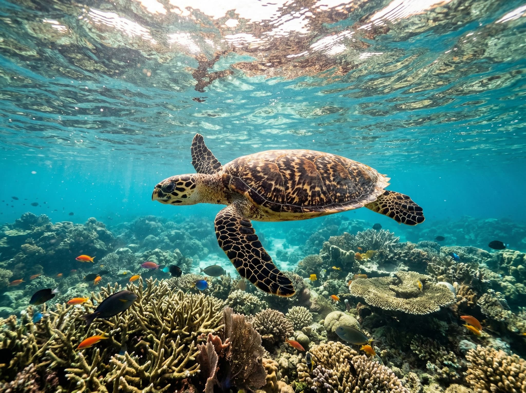 A hawksbill turtle gliding over a shallow coral reef in Raja Ampat, Indonesia — the turtle close to the surface in clear turquoise water, coral visible below, capturing the regular turtle sightings at Yeben Shallows that the article highlights as a defining feature of the site