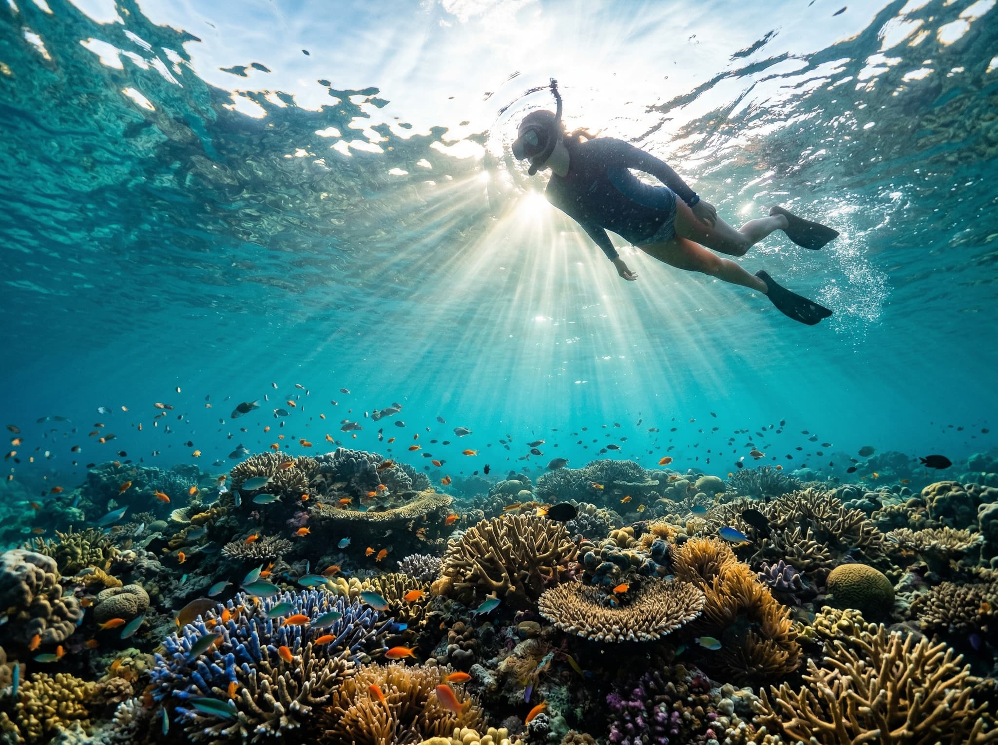 A snorkeler floating face-down over a shallow coral reef in Raja Ampat, viewed from just below the surface — fins visible above the coral, sunlight refracting through the water, conveying the accessible, mask-and-fins-only experience that distinguishes Yeben Shallows from Raja Ampat's deeper dive sites