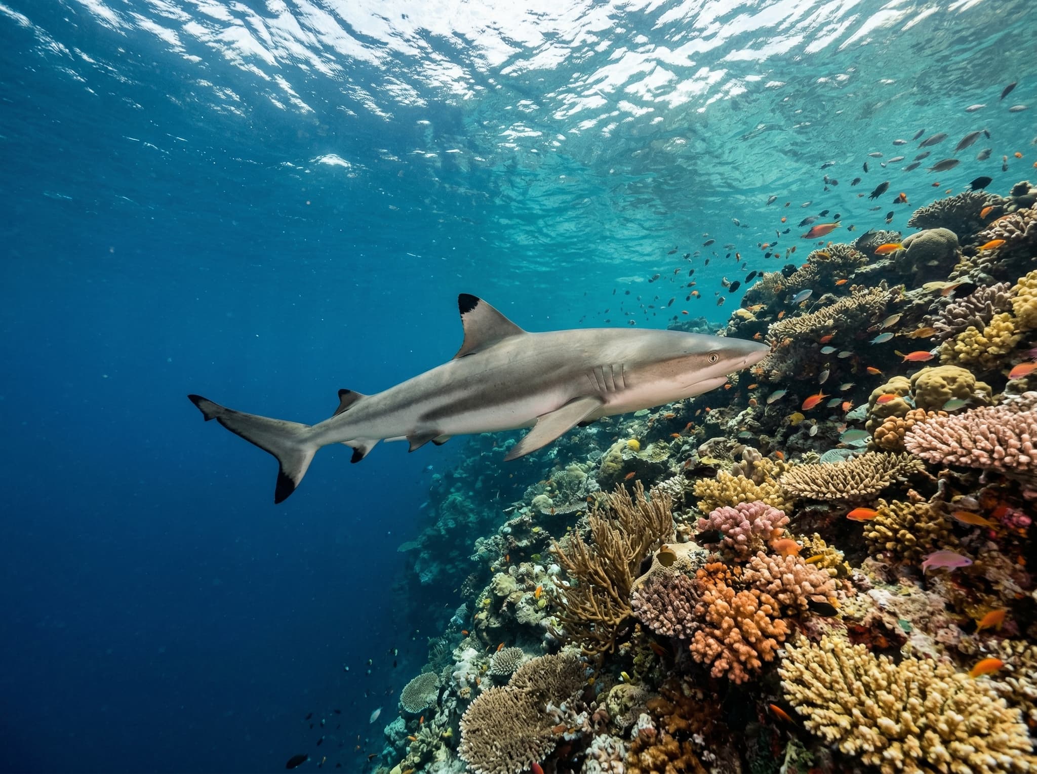 A blacktip reef shark cruising along the edge of a shallow coral reef drop-off in Raja Ampat, Indonesia — the shark in clear water with the reef visible below and open blue water beyond, illustrating the reef shark sightings at Yeben Shallows mentioned in the article