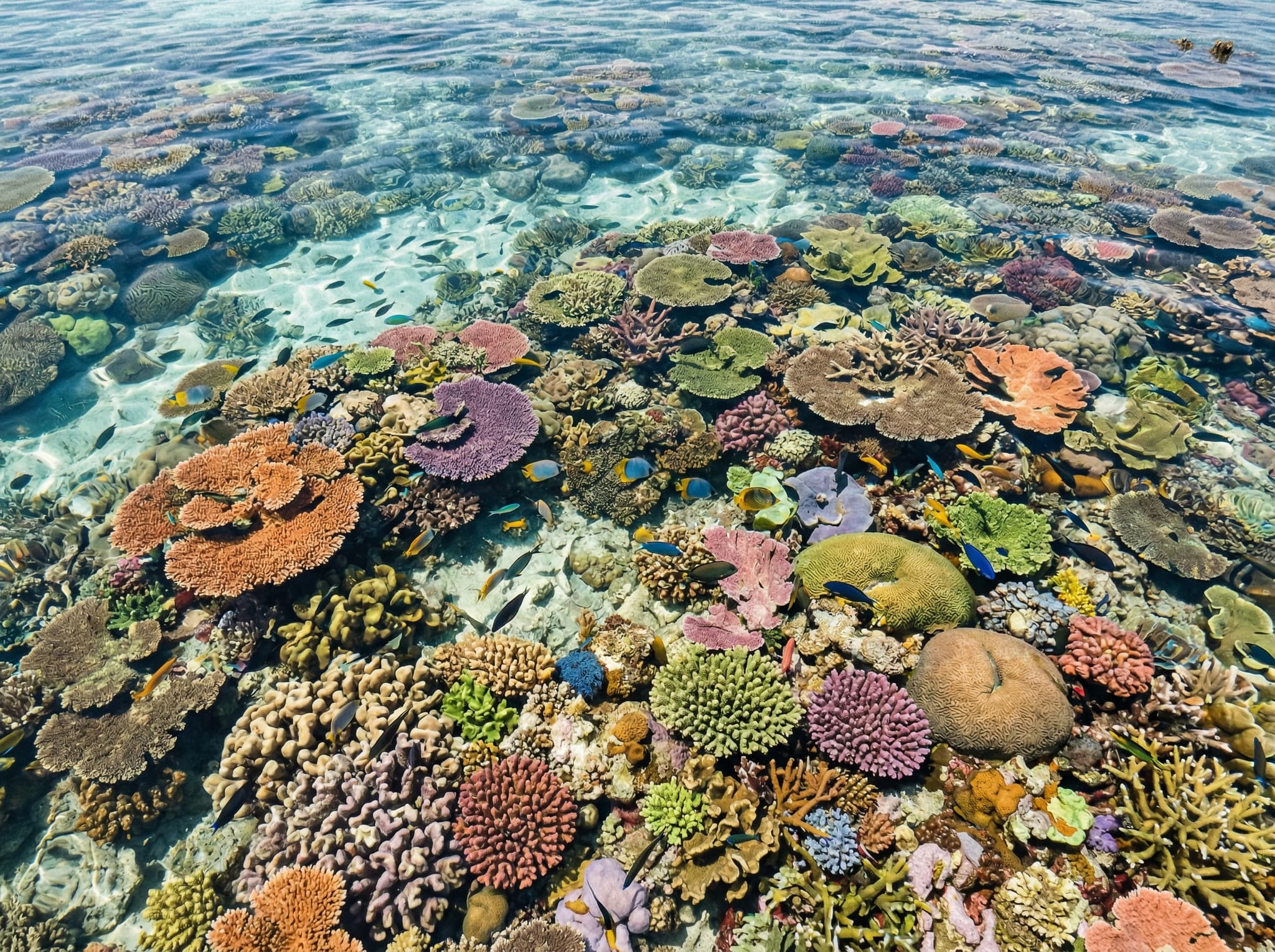 Above-water view of a pristine Raja Ampat reef from a snorkeler's perspective — looking down from the surface into shallow, crystal-clear water over vivid coral, capturing the rare quality of light and color at Yeben Shallows that the article describes as making it unusually photogenic even with basic camera equipment