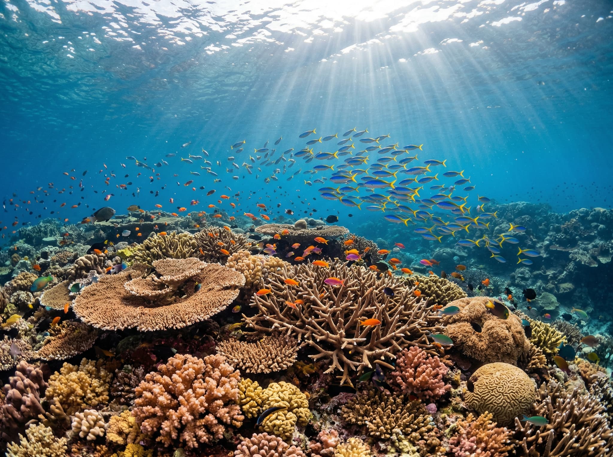Underwater view of the shallow coral gardens at Yeben Shallows, Raja Ampat — dense table corals, staghorn formations, and brain corals in one to three meters of clear water, with schools of colorful reef fish above the reef, illustrating the extraordinary coral coverage described in the article