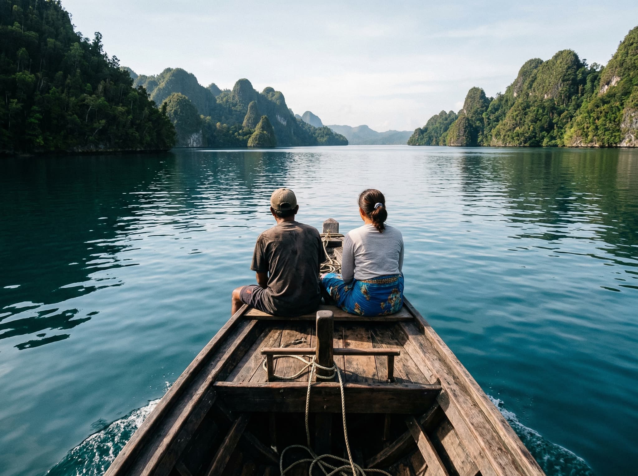 View of the Dampier Strait from a small boat in Raja Ampat — calm water between forested islands, traditional wooden speedboat in frame, capturing the boat journey to Yeben Shallows and the remote island landscape of central Raja Ampat described in the article's navigation section